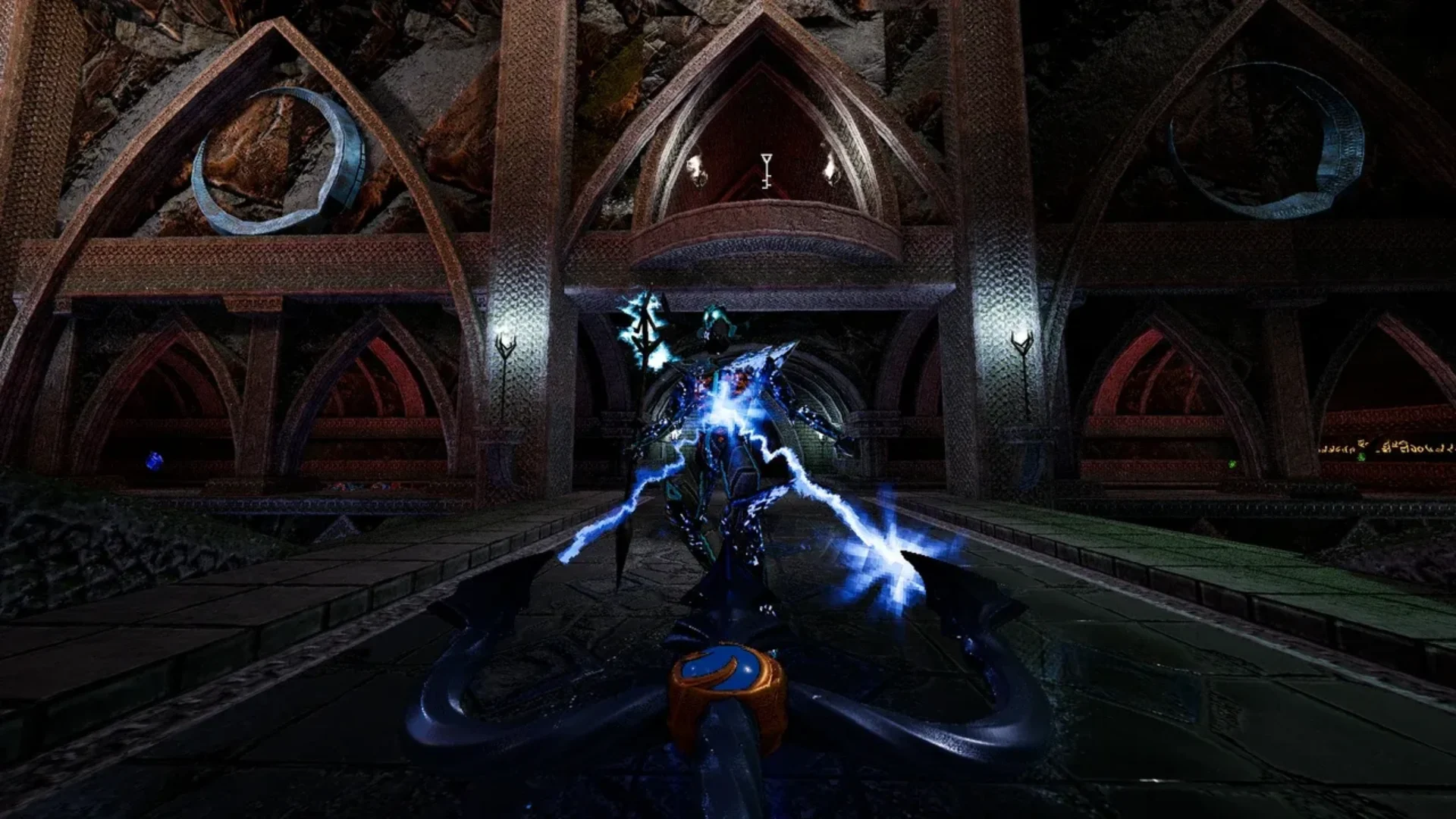 Player attacks an enemy with blue magical energy inside a dark hall in Amid Evil.
