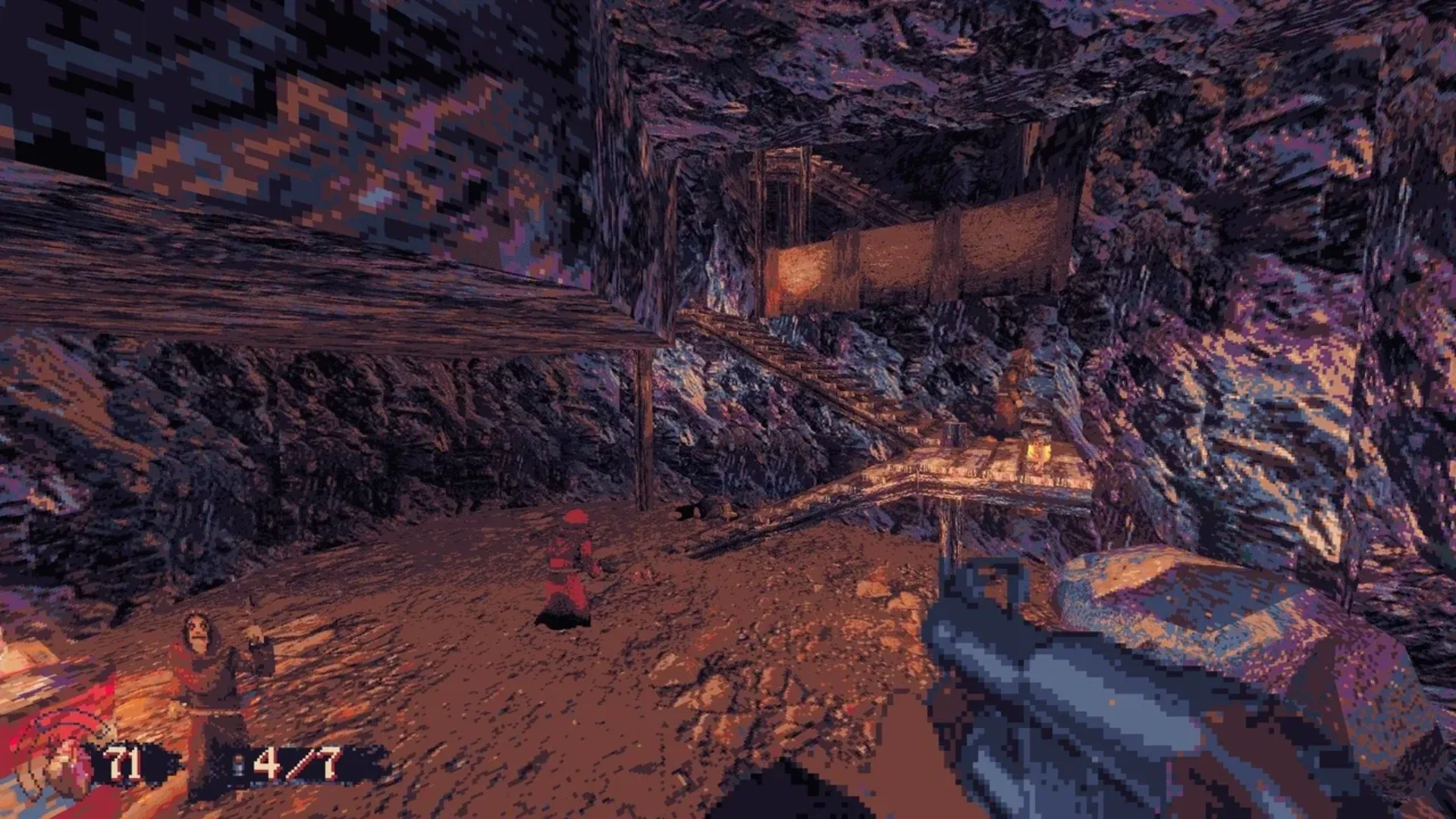 First-person combat against enemies inside a dark pixel-styled cave in CULTIC.