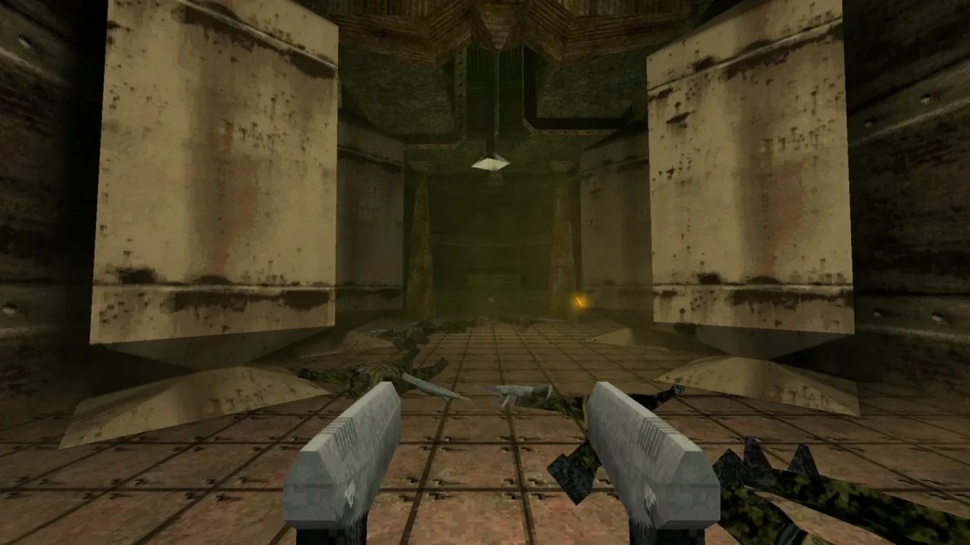 Player explores a dark industrial corridor with dual weapons in DUSK.