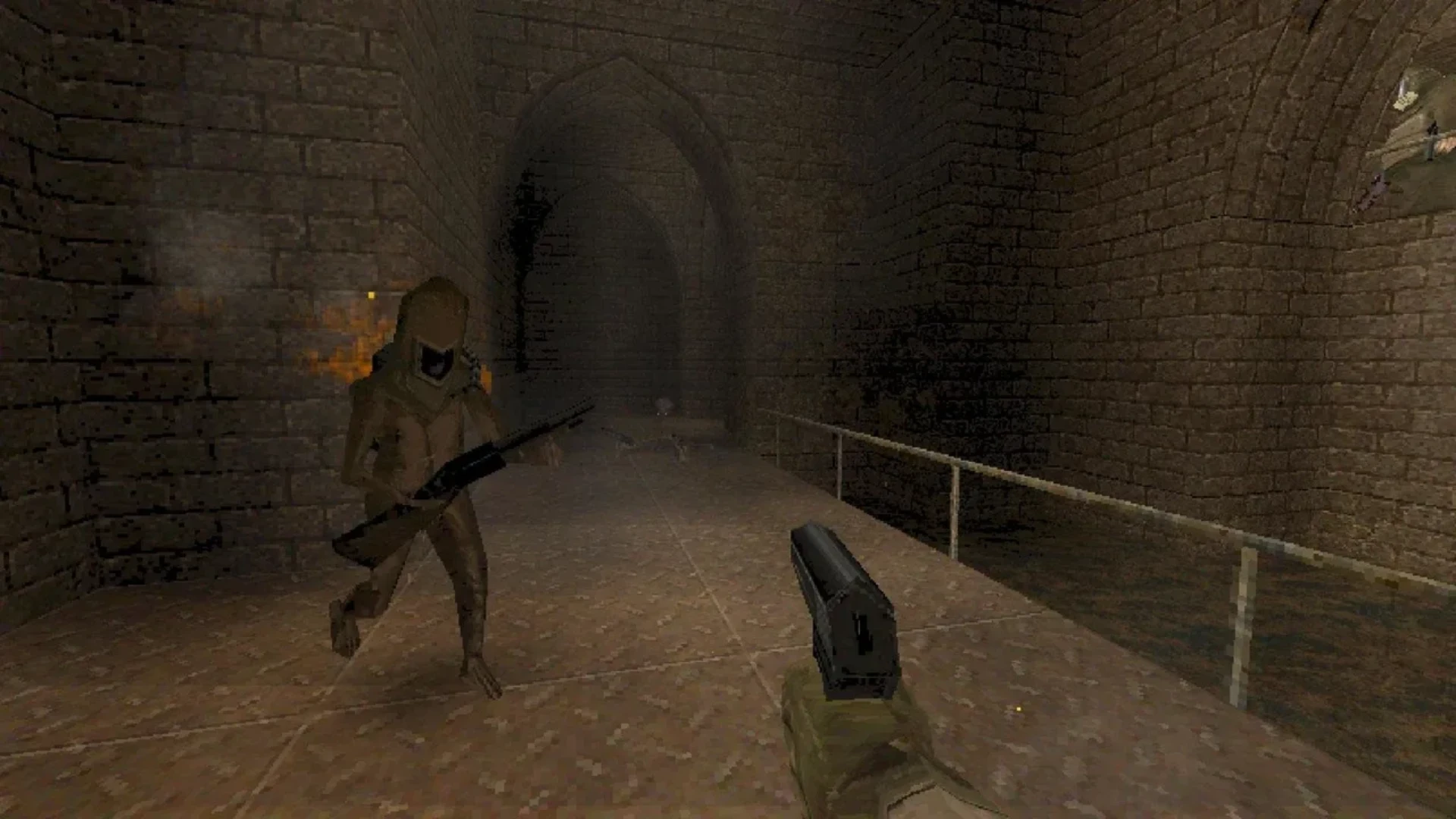 Player aims a pistol at an armed enemy inside a dim brick tunnel in HROT.