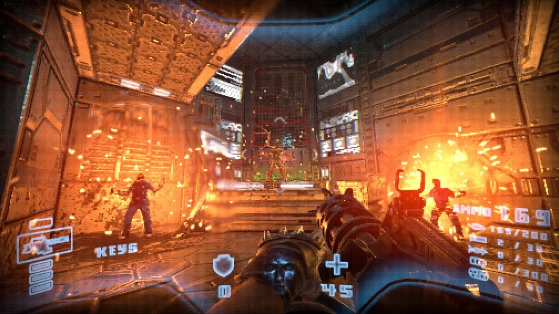 Player fires into a group of enemies during an explosive firefight in Prodeus.