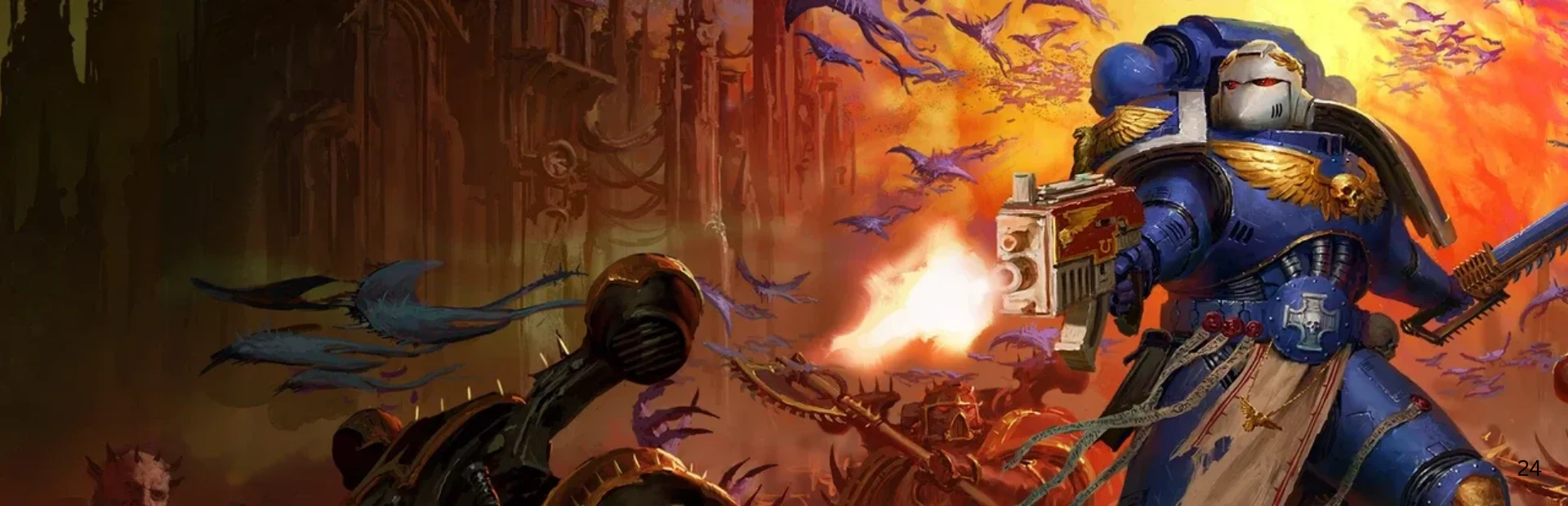Space Marine firing a boltgun at Chaos enemies in Warhammer 40,000: Boltgun artwork.