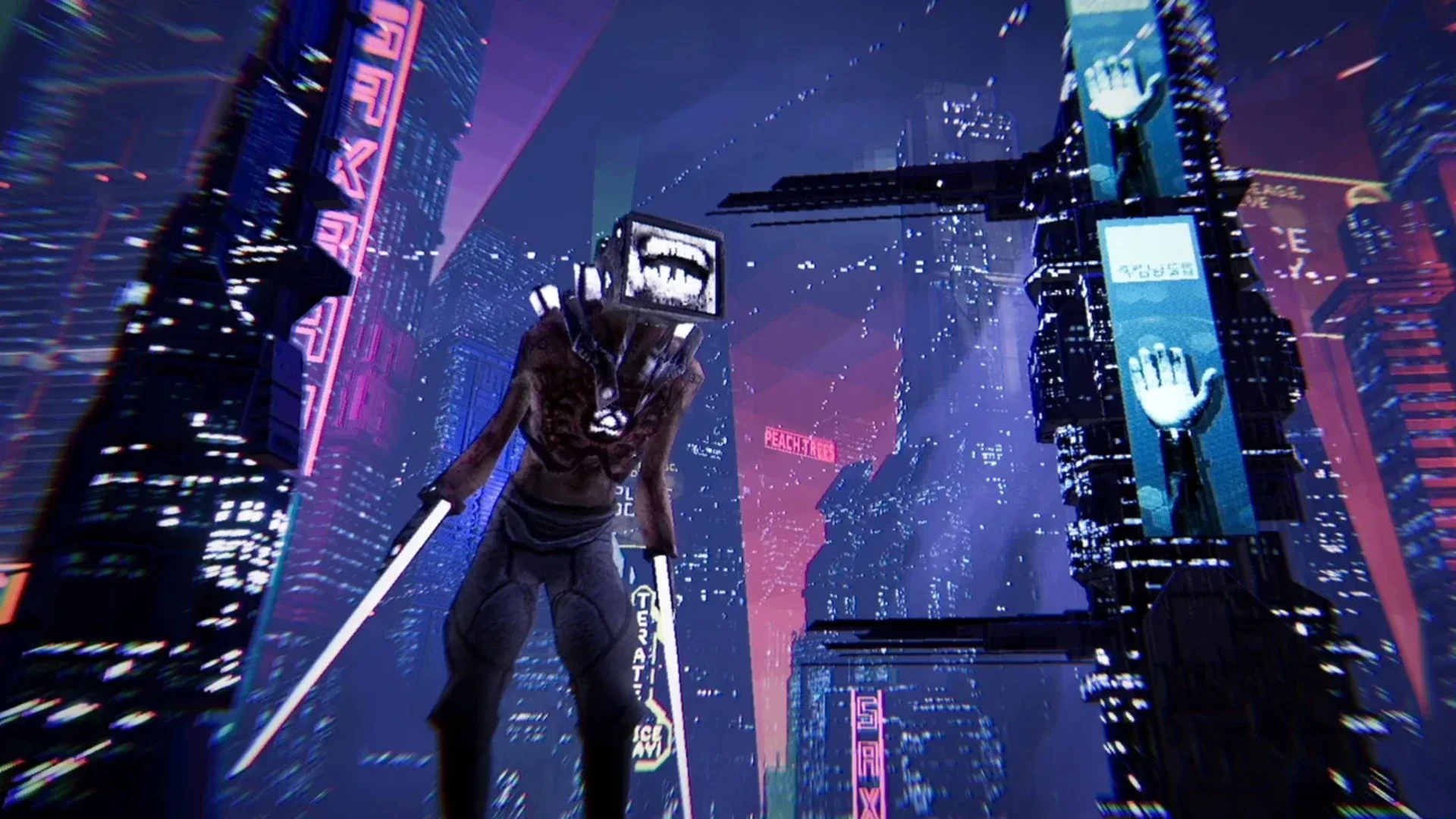 Cybernetic enemy stands among neon skyscrapers in a Turbo Overkill gameplay scene.