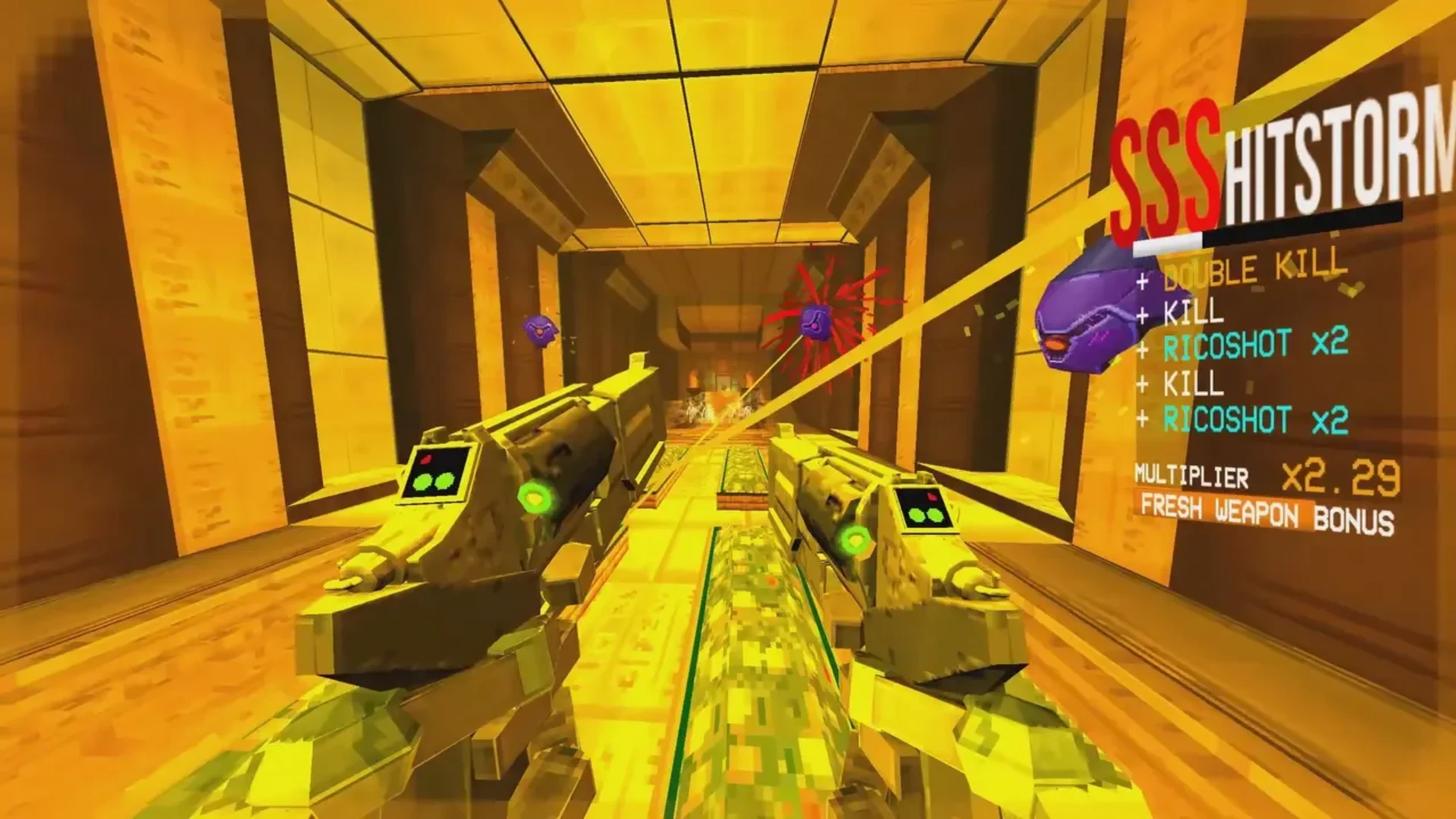 Player fires dual weapons during a fast-paced combat encounter in ULTRAKILL.