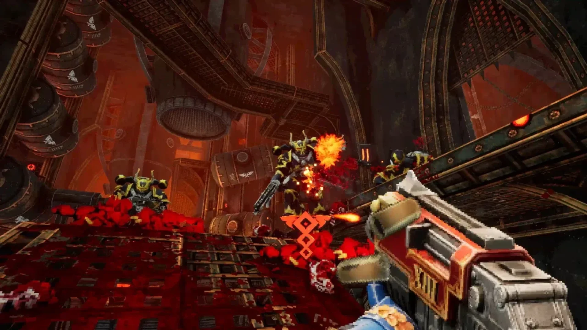 Space Marine fires at Chaos enemies inside an industrial battlefield in Warhammer 40,000: Boltgun.