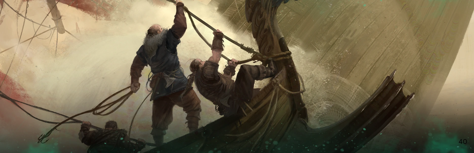 Three sailors pull ropes around the mast of a wooden longship as waves crash against the vessel.