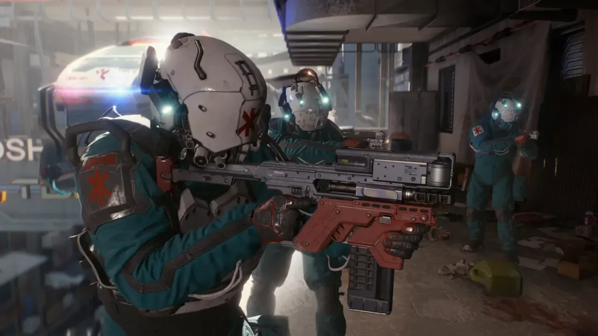 Three armored medical operatives carry rifles through an urban corridor in Cyberpunk 2077.
