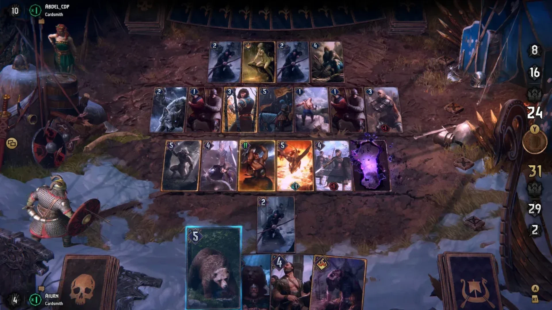 GWENT: The Witcher Card Game match with unit cards filling both sides of the battlefield.