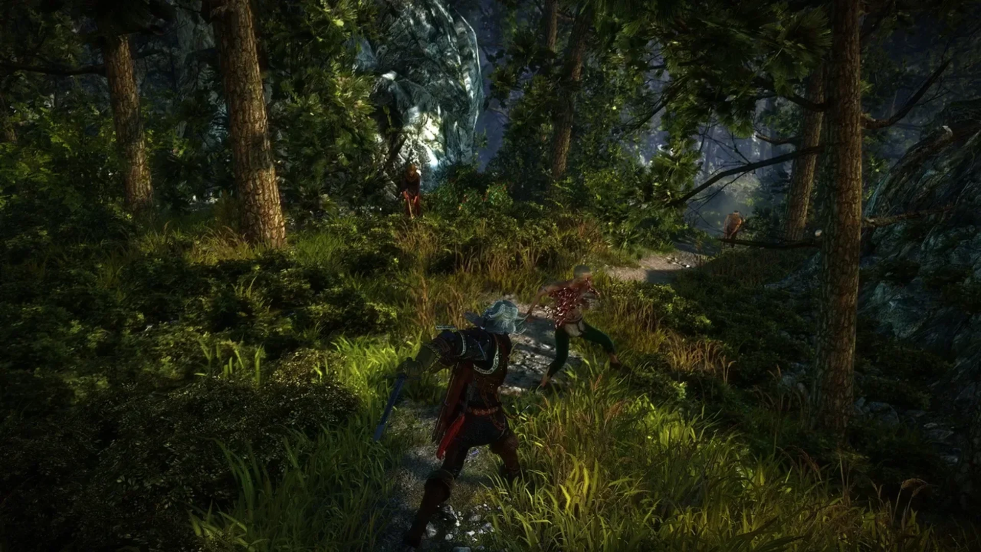 Geralt fights an armed enemy on a forest path in The Witcher 2: Assassins of Kings.