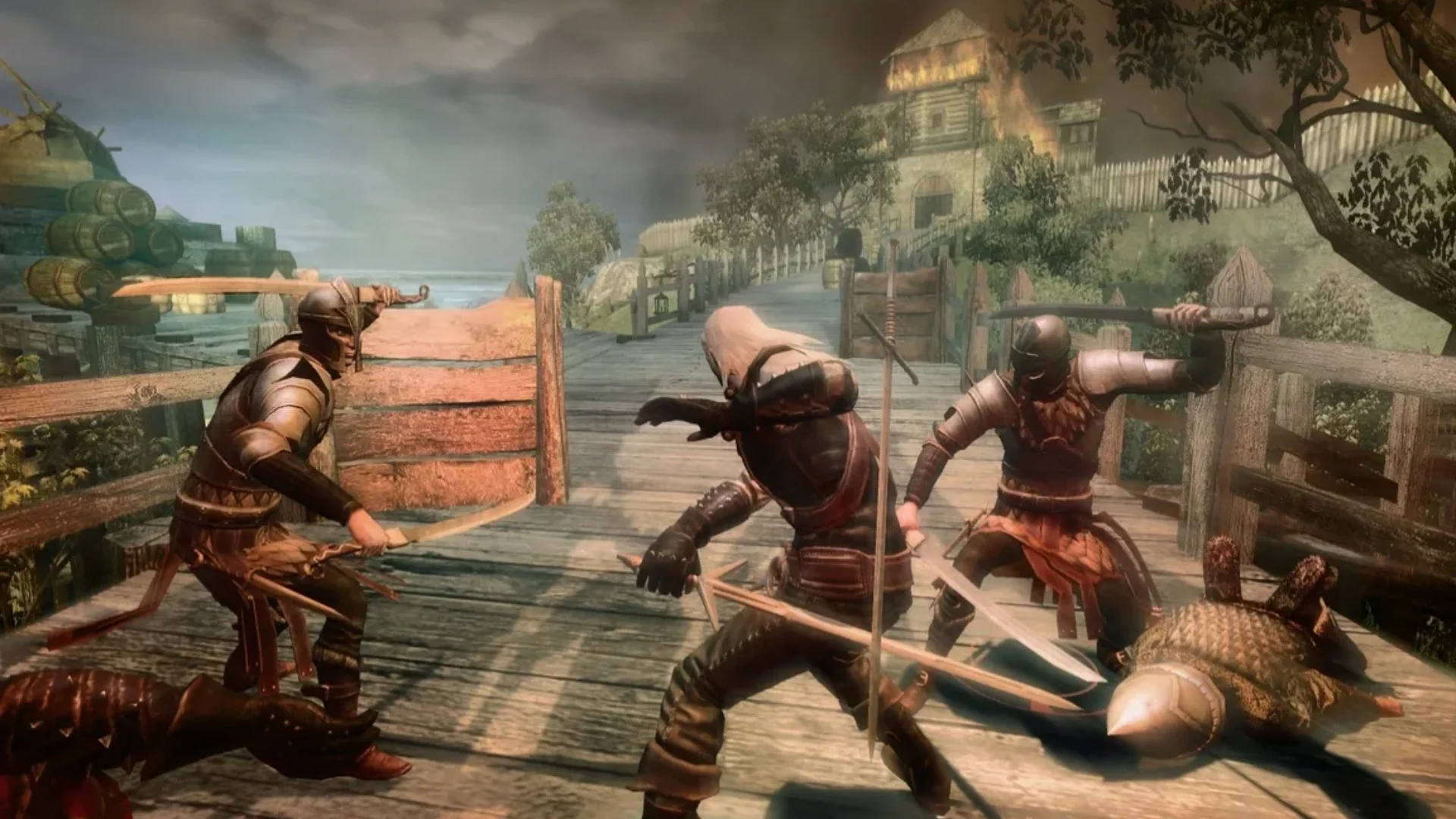Geralt fights several armored soldiers with a sword on a wooden walkway in The Witcher.