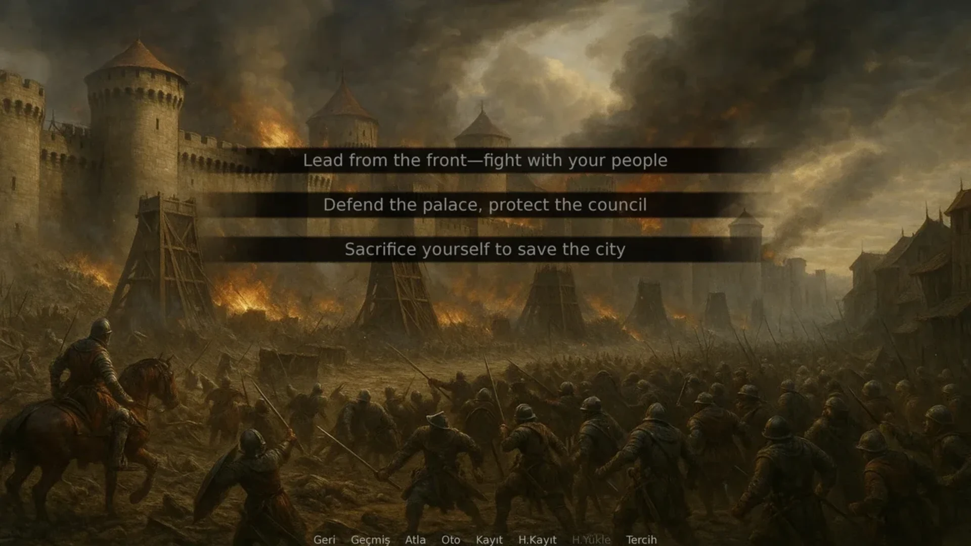 Thronebreaker: The Witcher Tales presents three choices as soldiers advance toward a burning fortress.