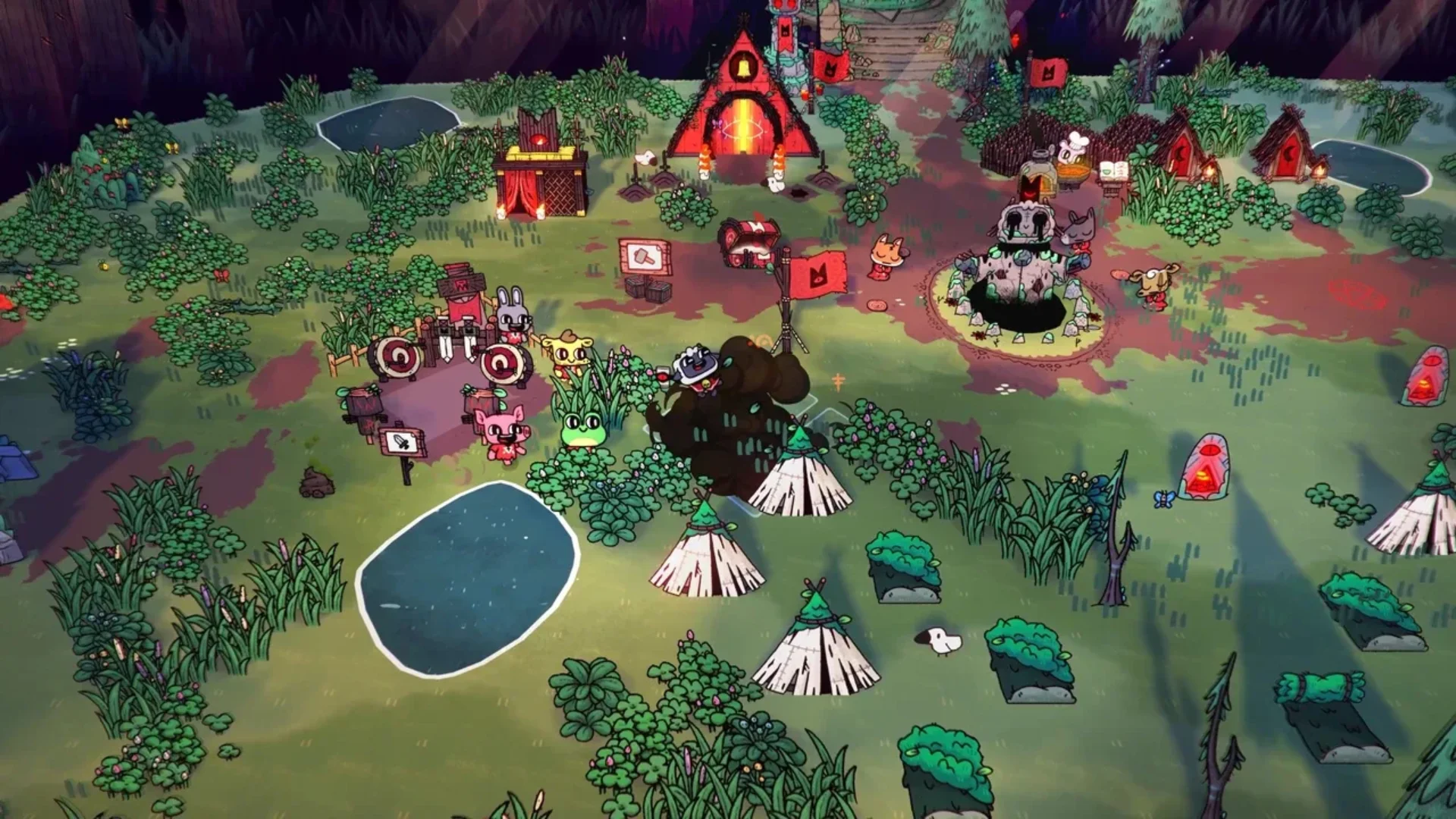 Cult of the Lamb settlement filled with followers, buildings and farming areas