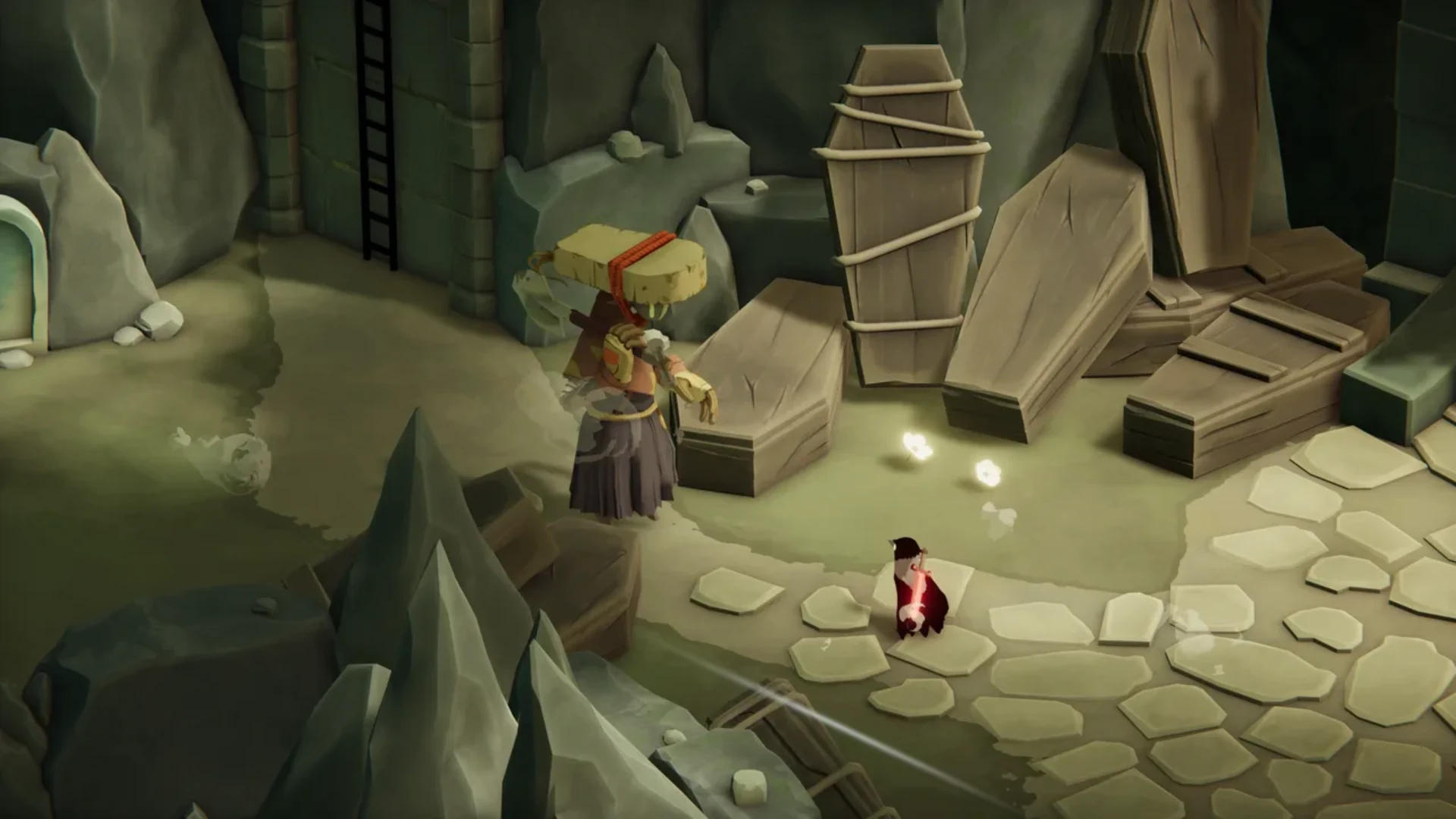 Death's Door crow exploring a crypt filled with coffins and a large enemy