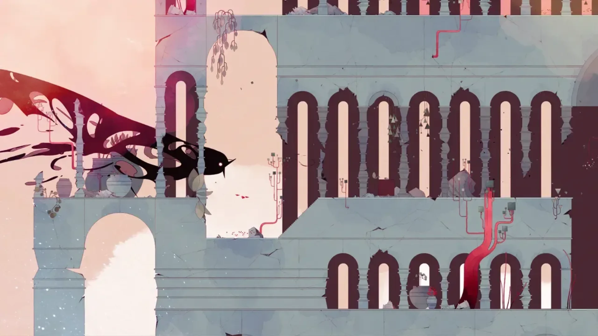 GRIS character exploring pale ruined arches as black creatures move through the scene