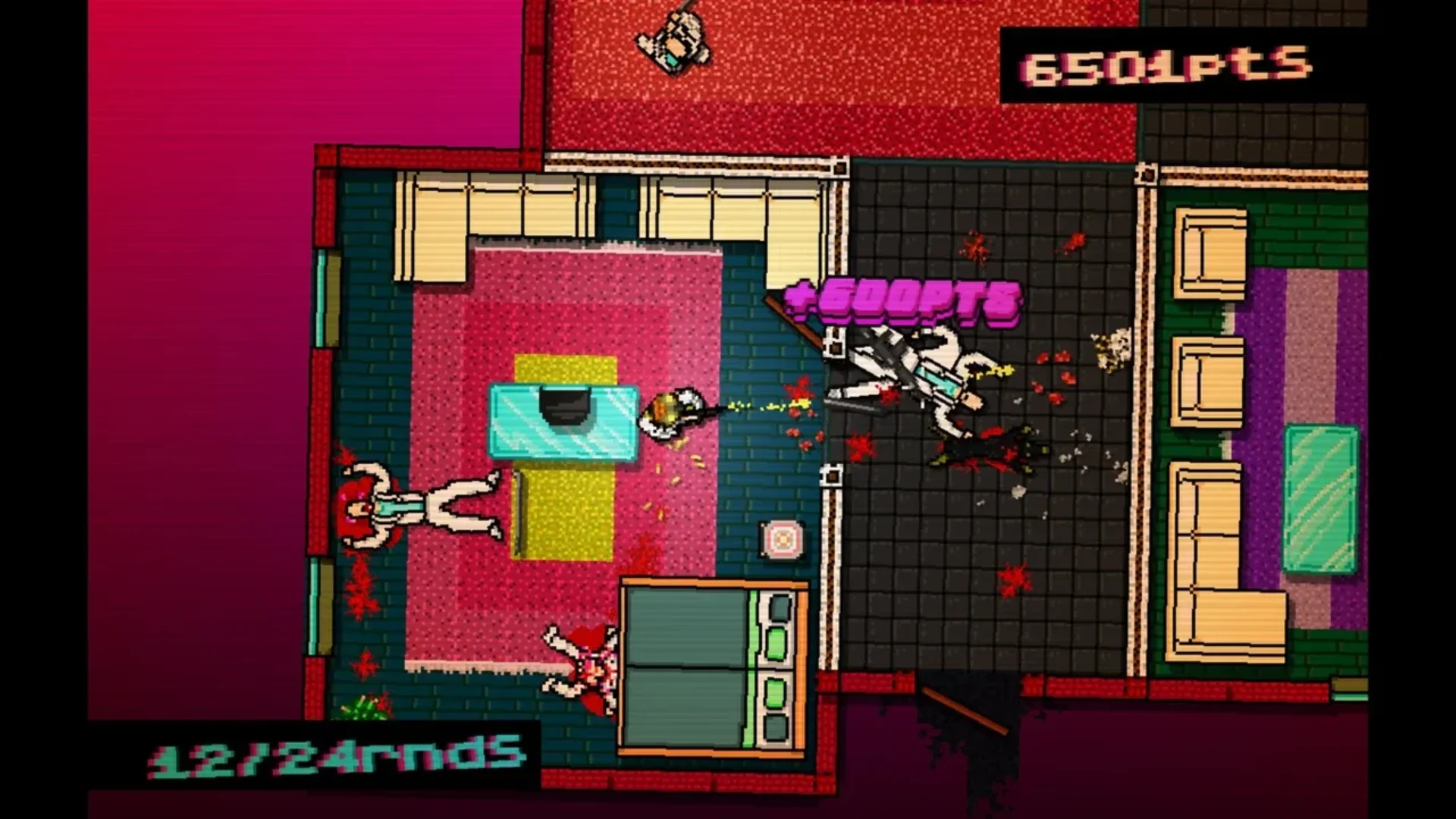 Hotline Miami top-down combat scene with enemies defeated inside a colorful apartment