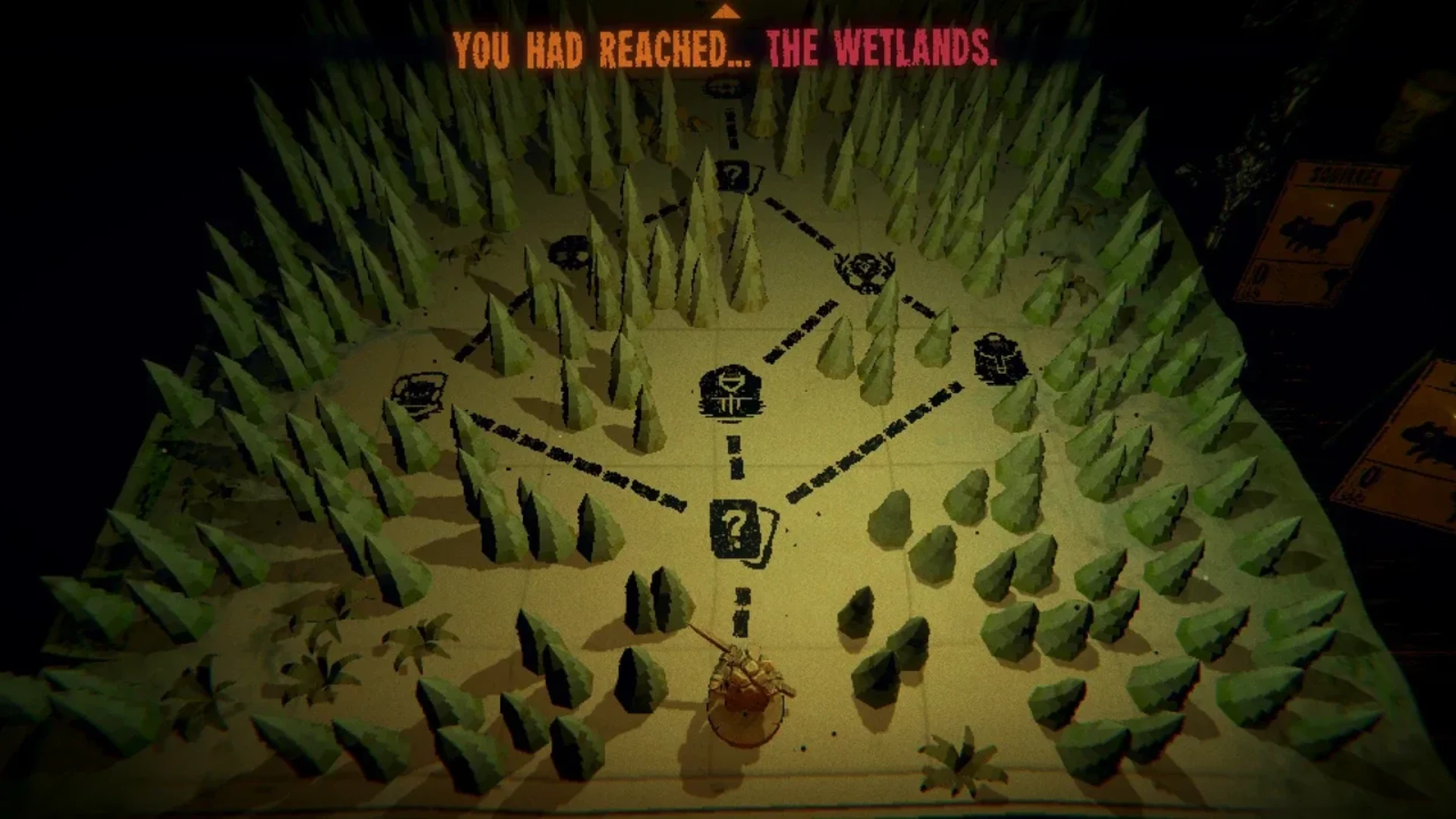 Inscryption tabletop map showing branching paths through the Wetlands