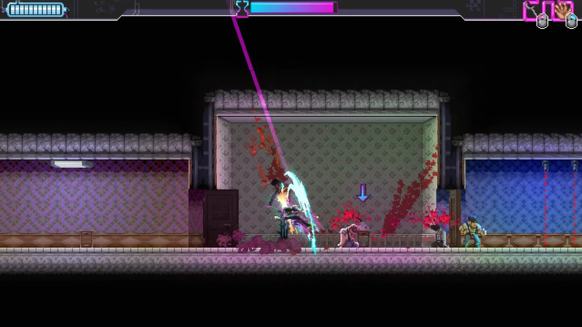 Katana ZERO protagonist slashing an enemy during a fast pixel art combat sequence