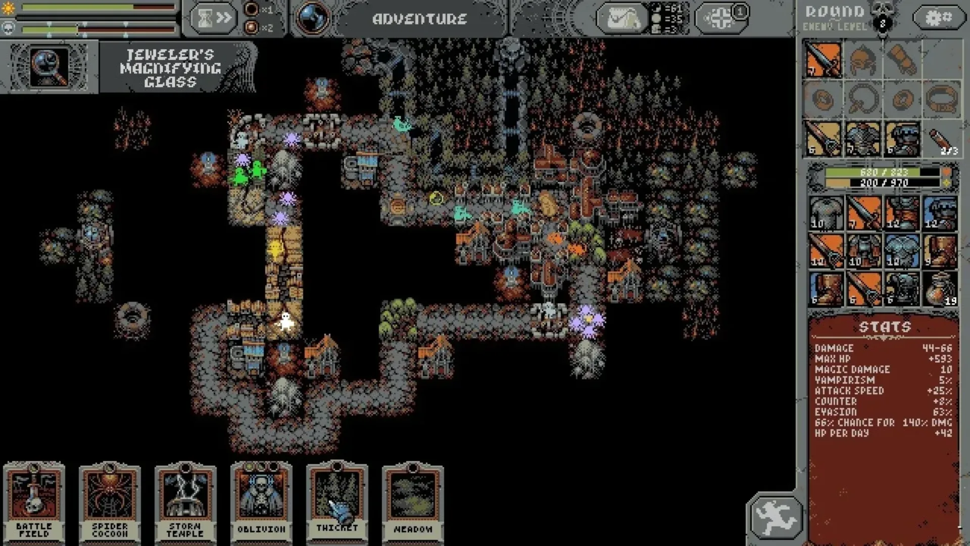Loop Hero adventure screen showing the hero's looping path, equipment and landscape cards
