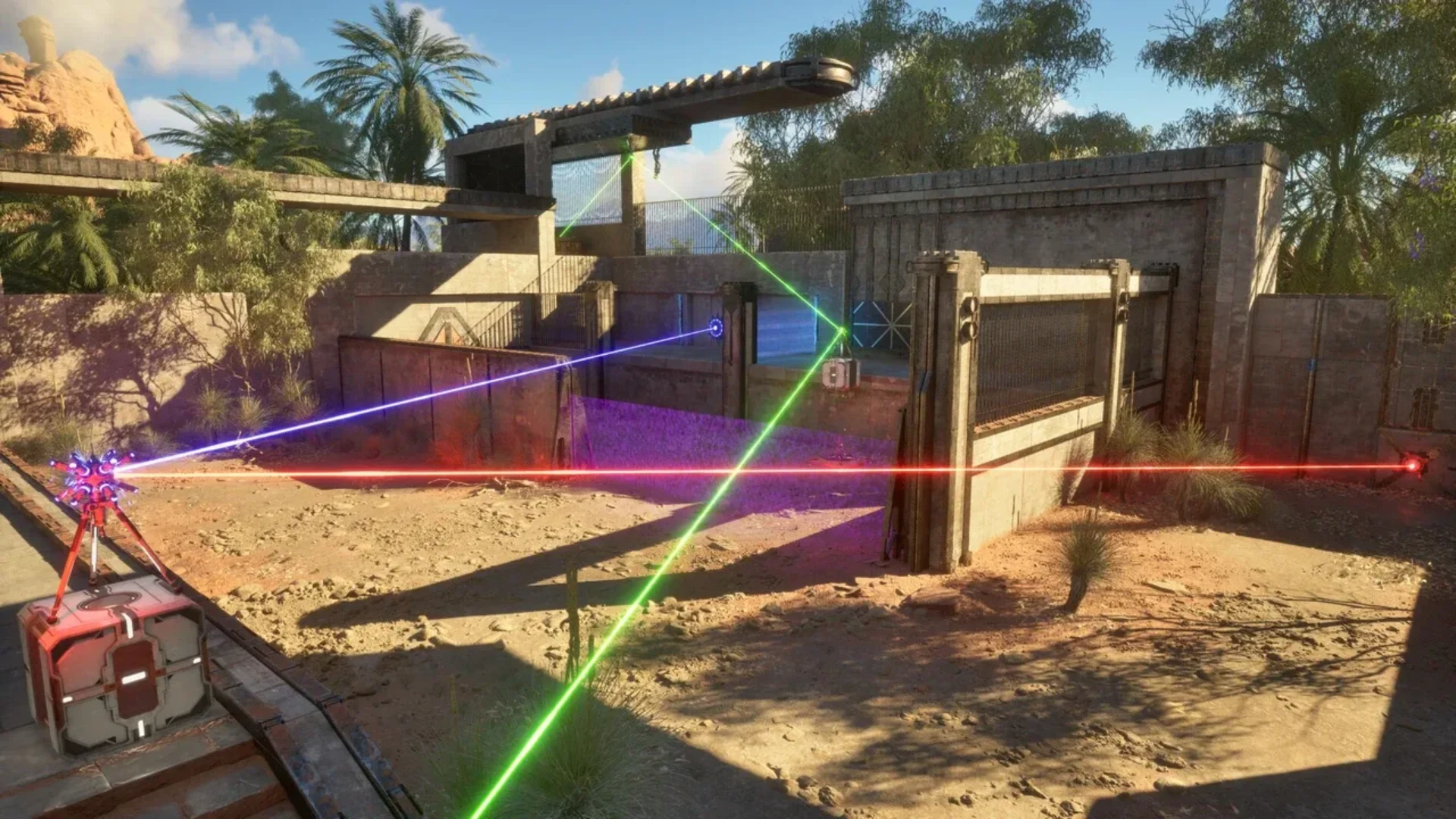 The Talos Principle II puzzle area with colored laser beams crossing ancient ruins