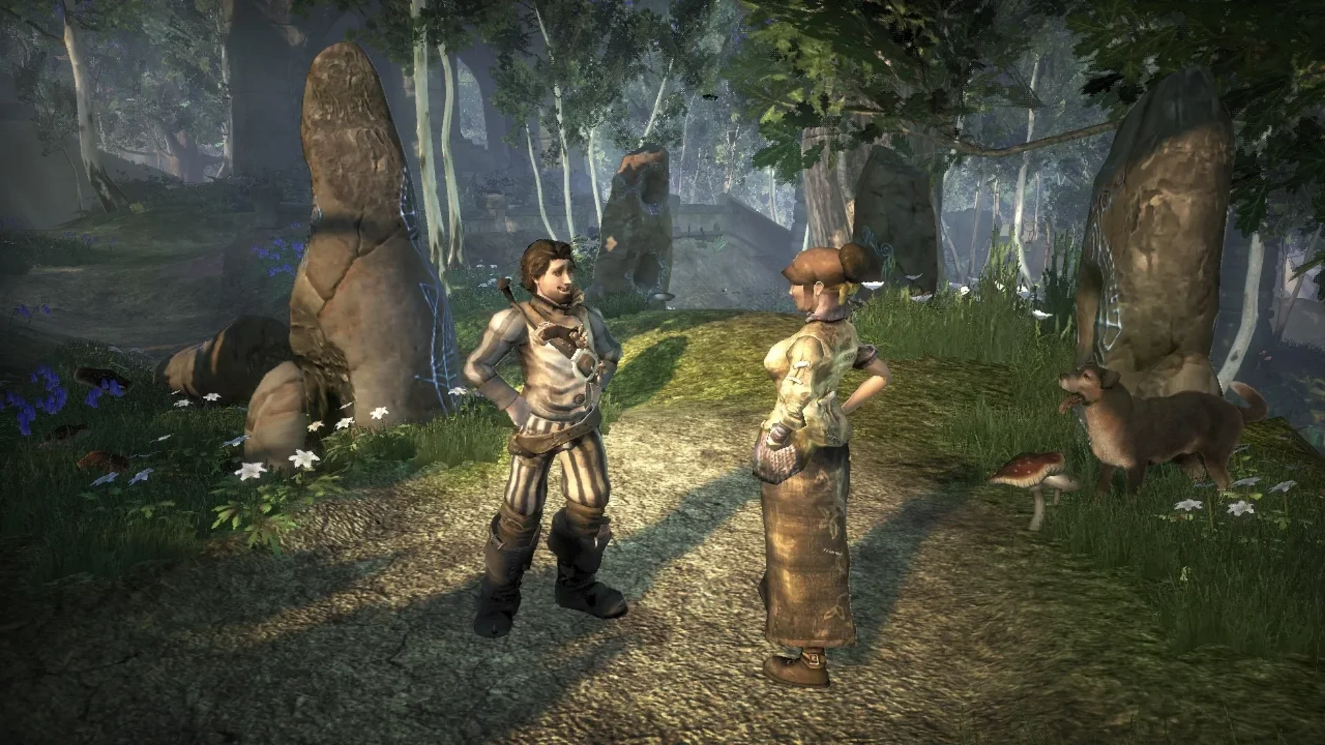 Fable II gameplay showing the Hero speaking with an NPC beside ancient stones in a woodland area