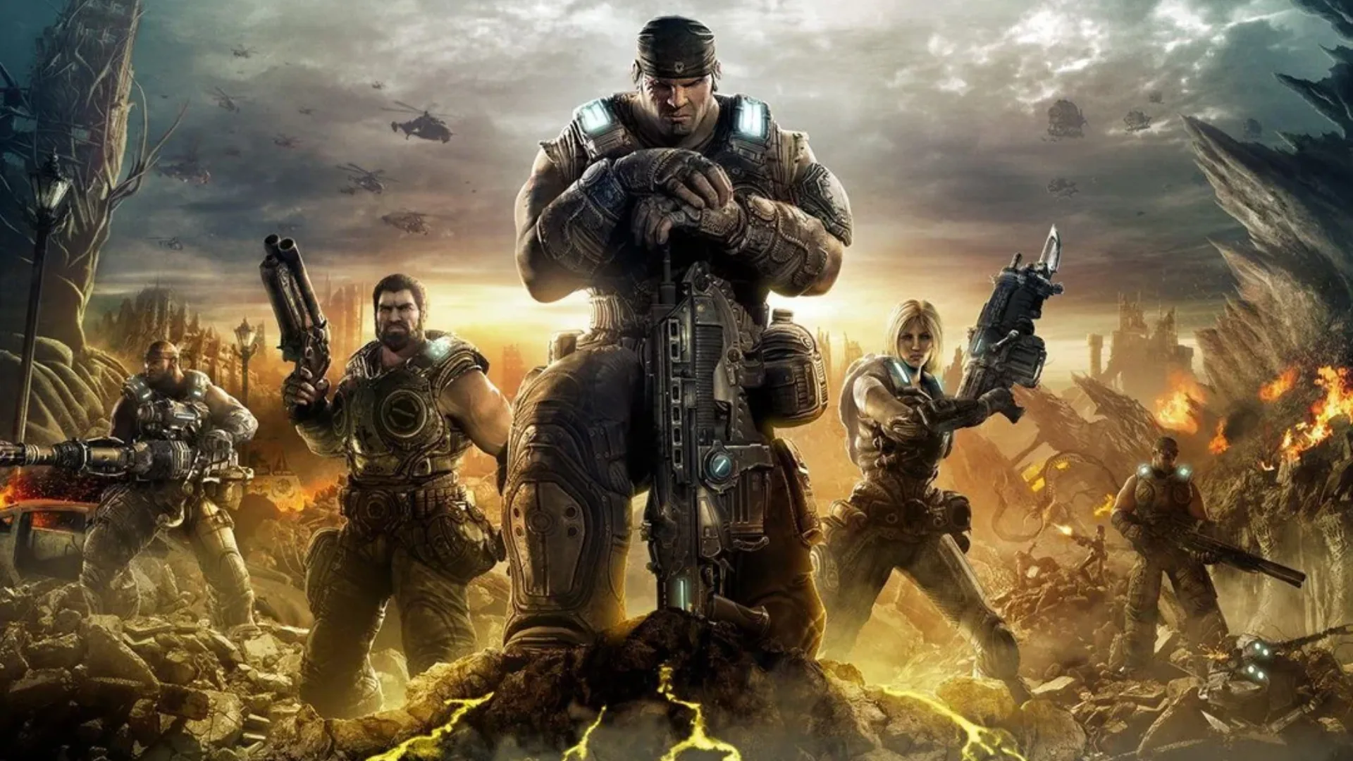 Gears of War squad led by Marcus Fenix standing in a devastated battlefield