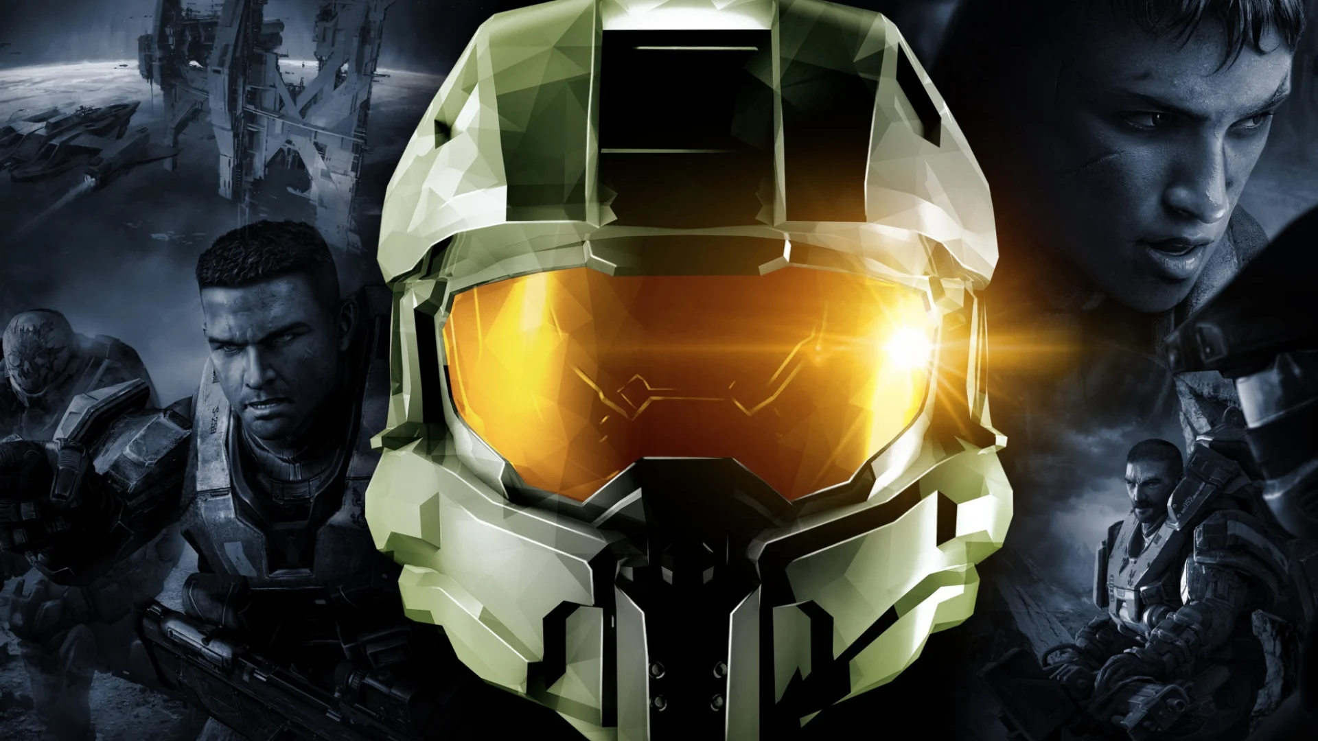 Master Chief helmet surrounded by characters and scenes from Halo The Master Chief Collection