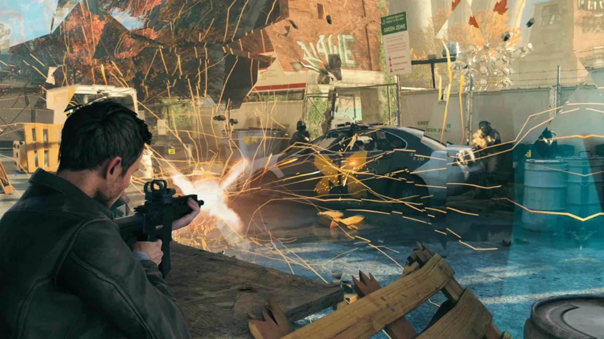 Quantum Break gameplay showing Jack Joyce firing during a time distortion effect