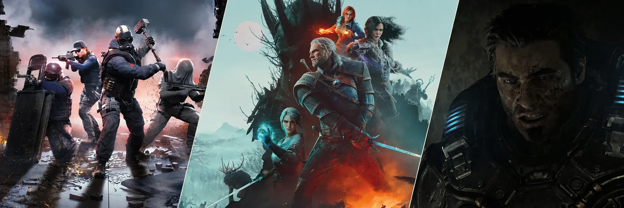 Three-panel collage featuring Rainbow Six operators in a ruined battlefield, Geralt and his allies from The Witcher 3: Wild Hunt – Remastered, and Marcus Fenix from Gears of War: E-Day.