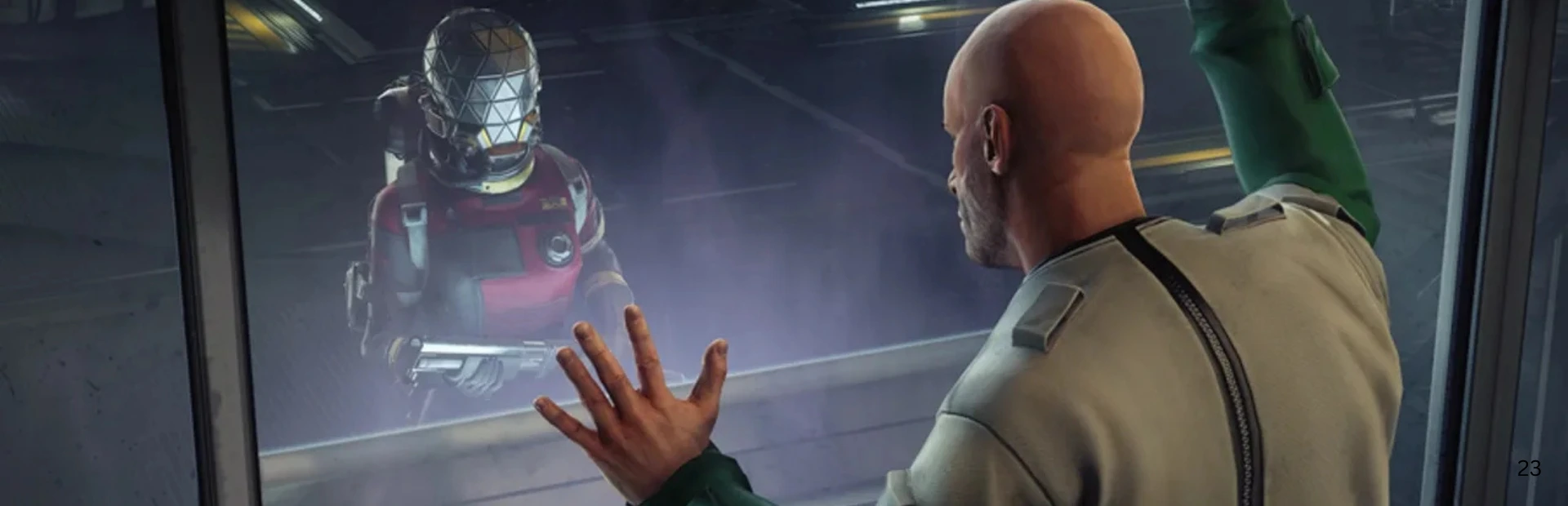 Prey scene showing a man facing a helmeted figure through glass aboard the Talos I space station.