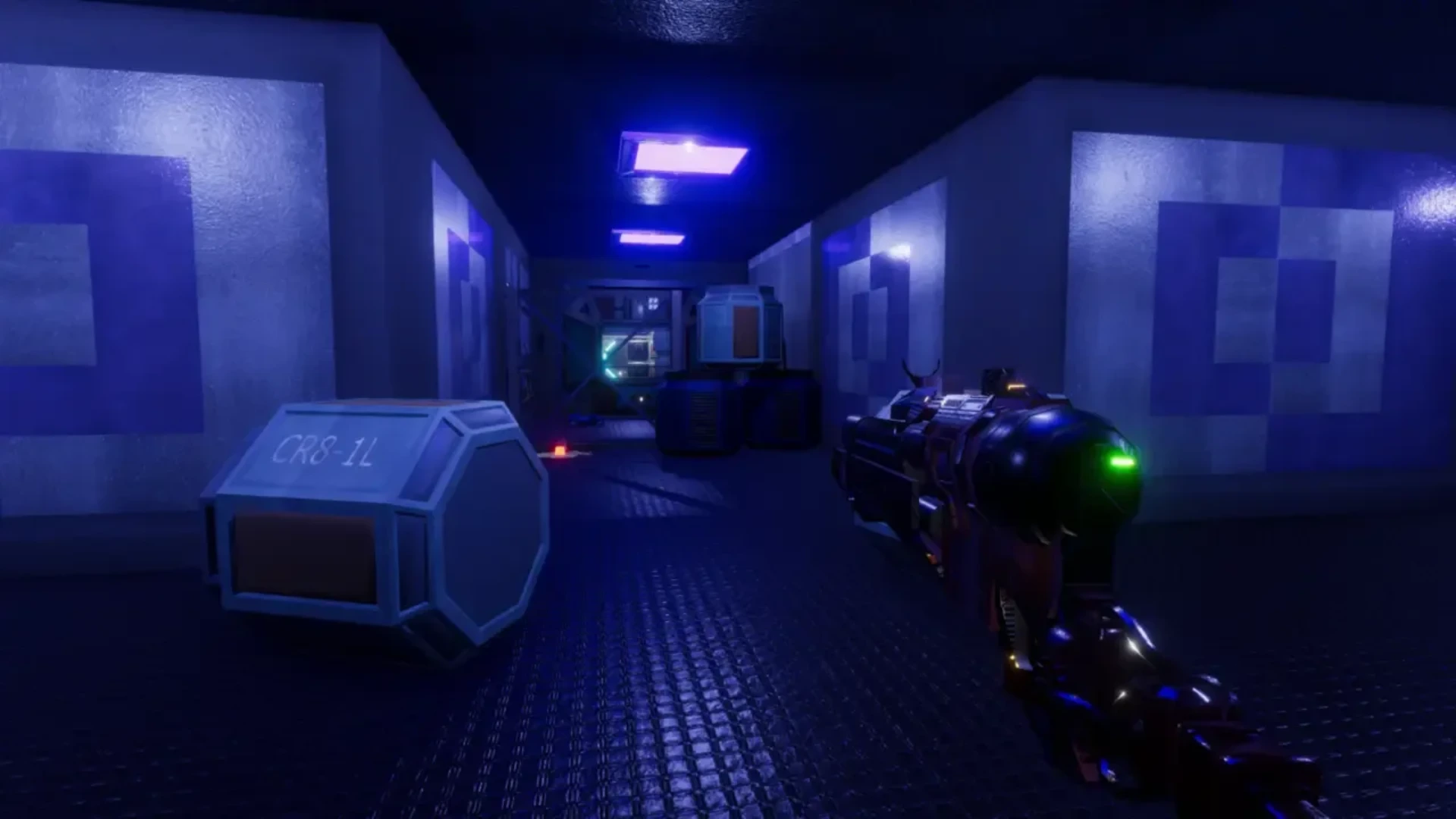 First-person gameplay in Ctrl Alt Ego showing a futuristic weapon inside a blue-lit facility.