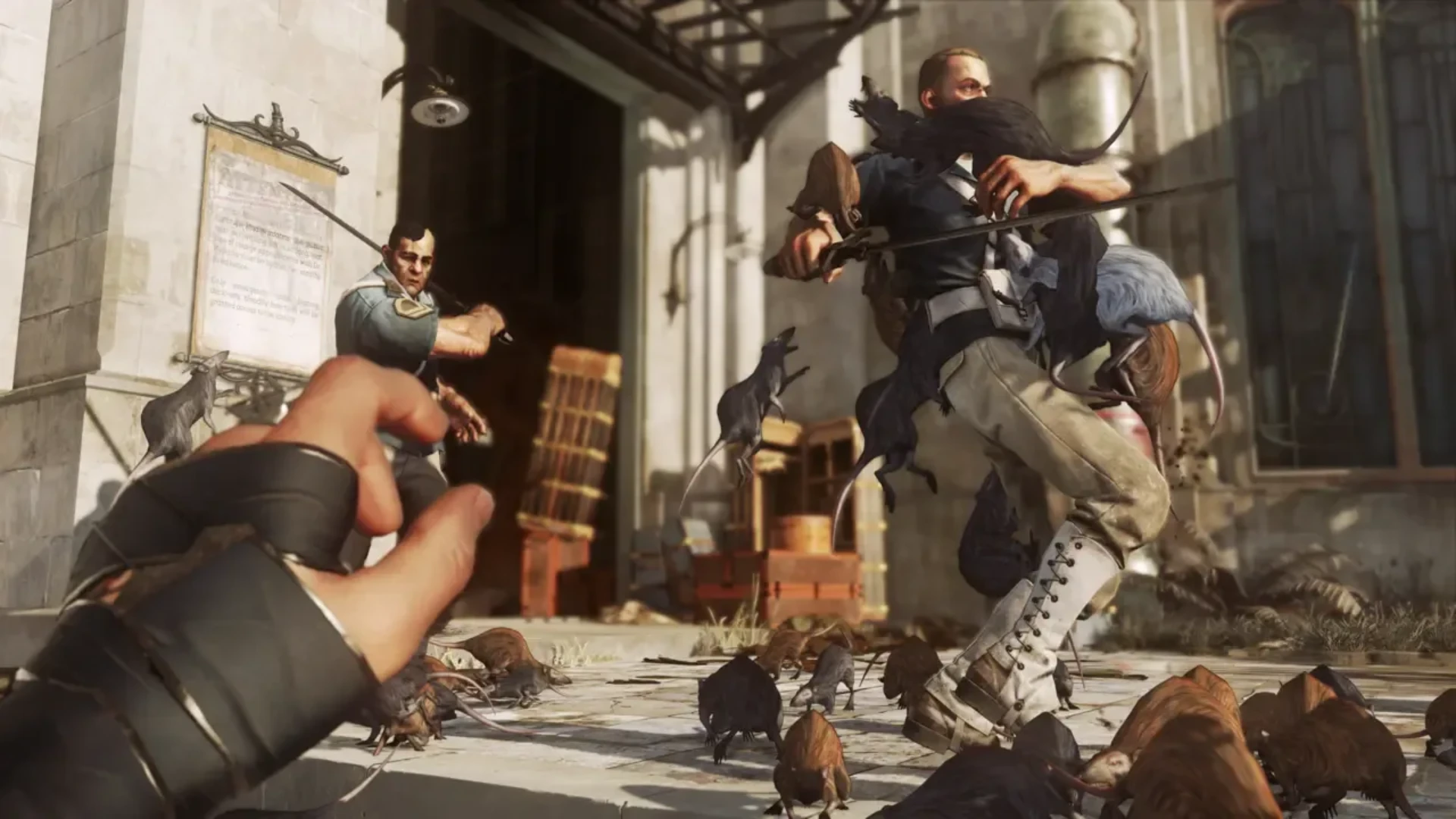 Dishonored 2 gameplay showing enemies surrounded by a swarm of rats during combat.