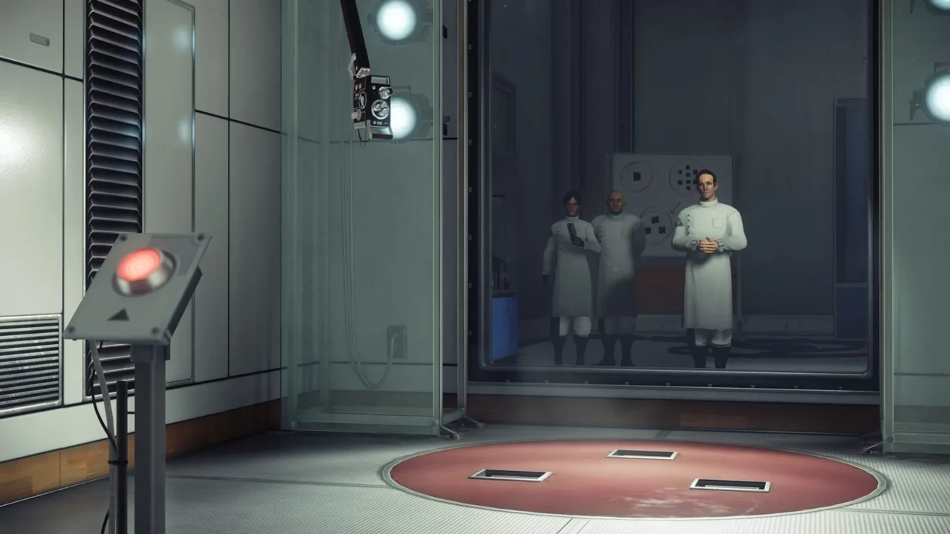 A testing chamber in Prey with scientists observing from behind a glass window.