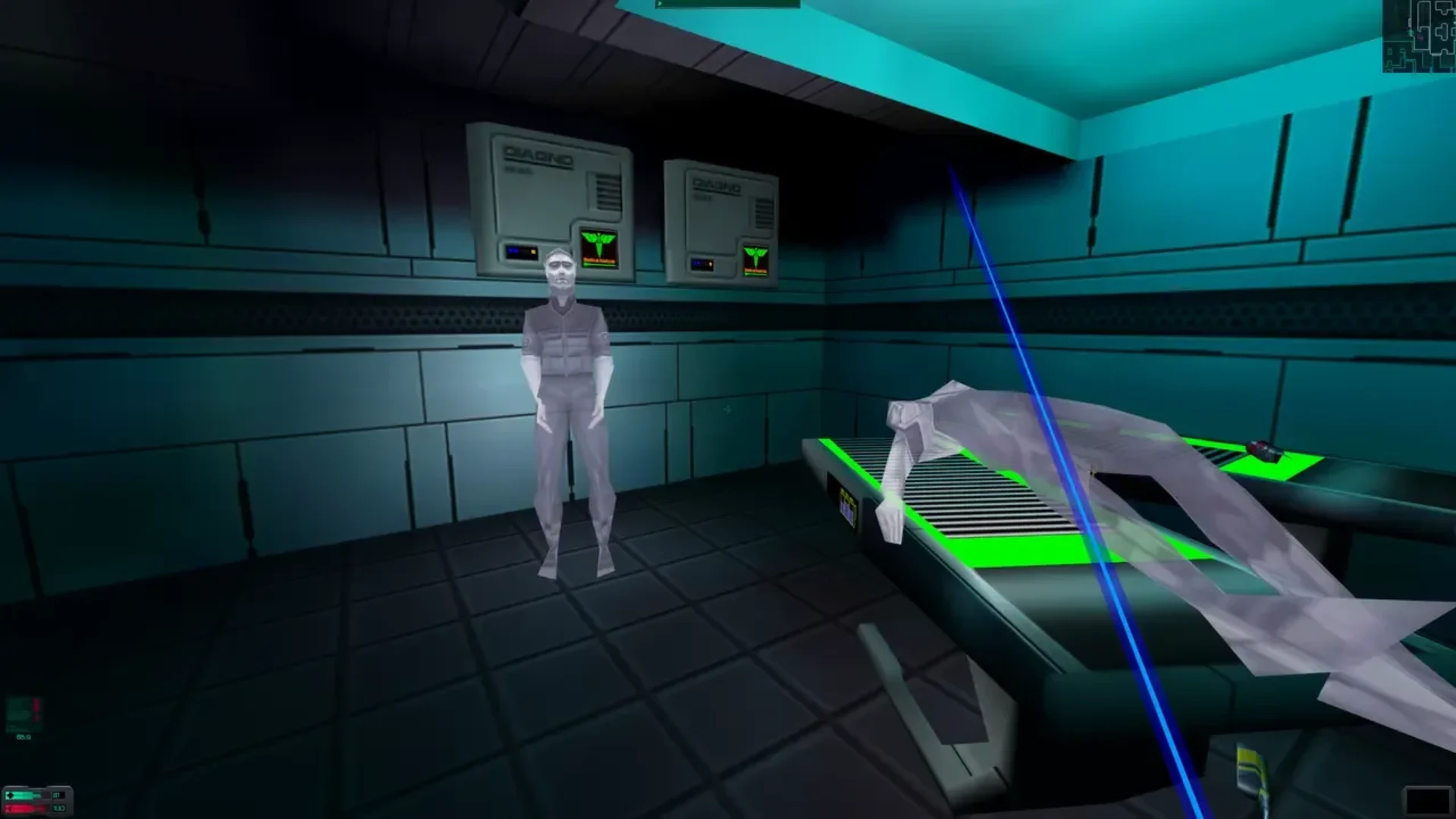 System Shock 2 first-person gameplay showing a futuristic laboratory with a holographic figure.