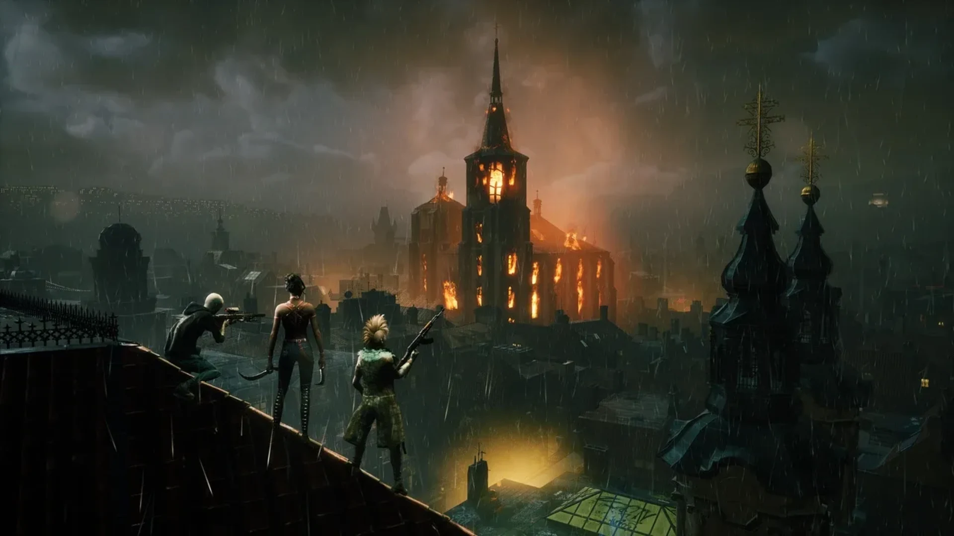 Vampire: The Masquerade Bloodlines gameplay overlooking a burning building during a rainy night.