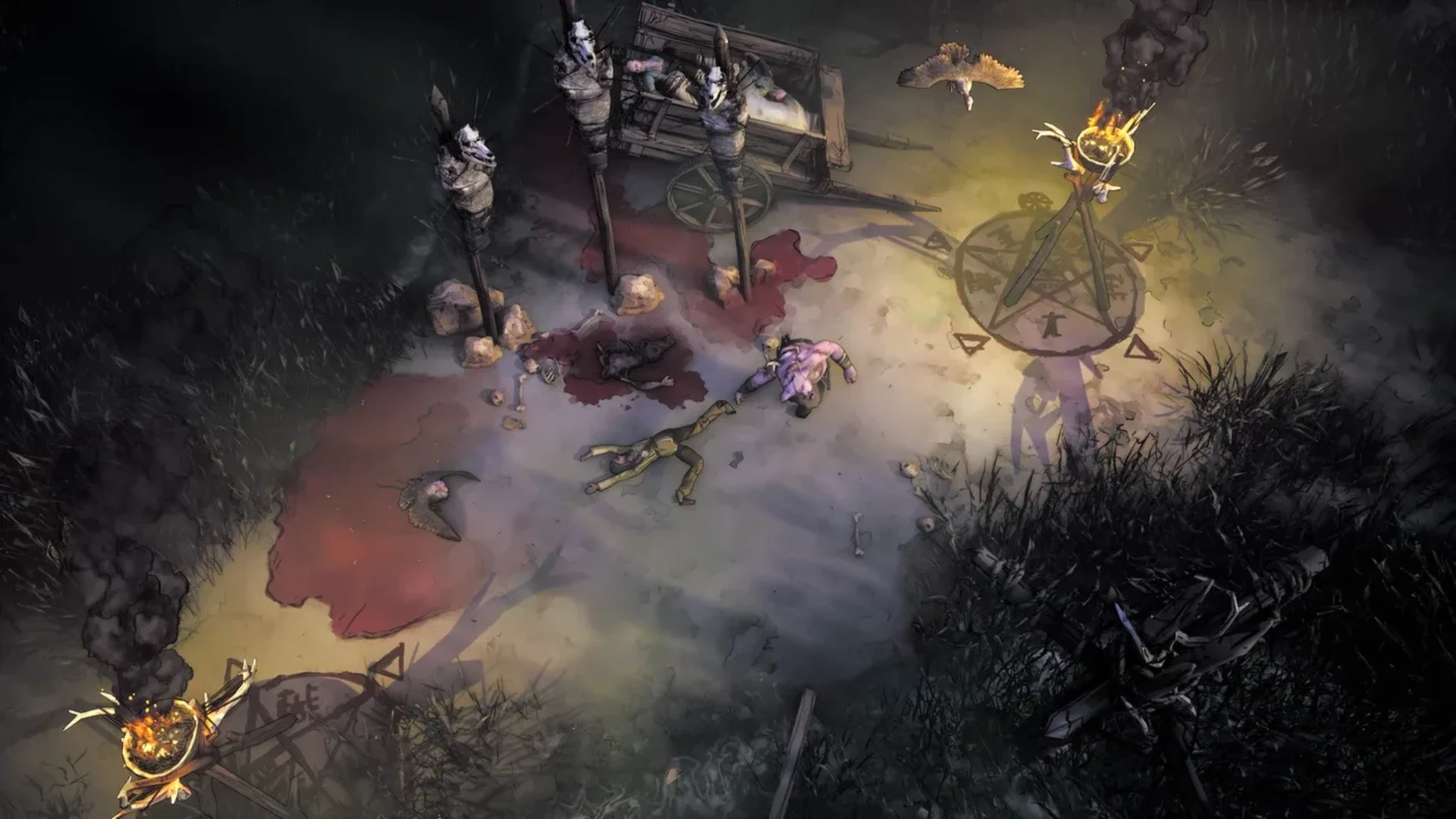 Weird West gameplay showing bodies, burning structures, and ritual markings in a dark wilderness area.