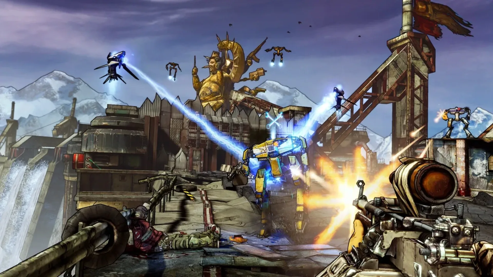 Borderlands 2 player fires at Hyperion robots during a battle in an industrial area.