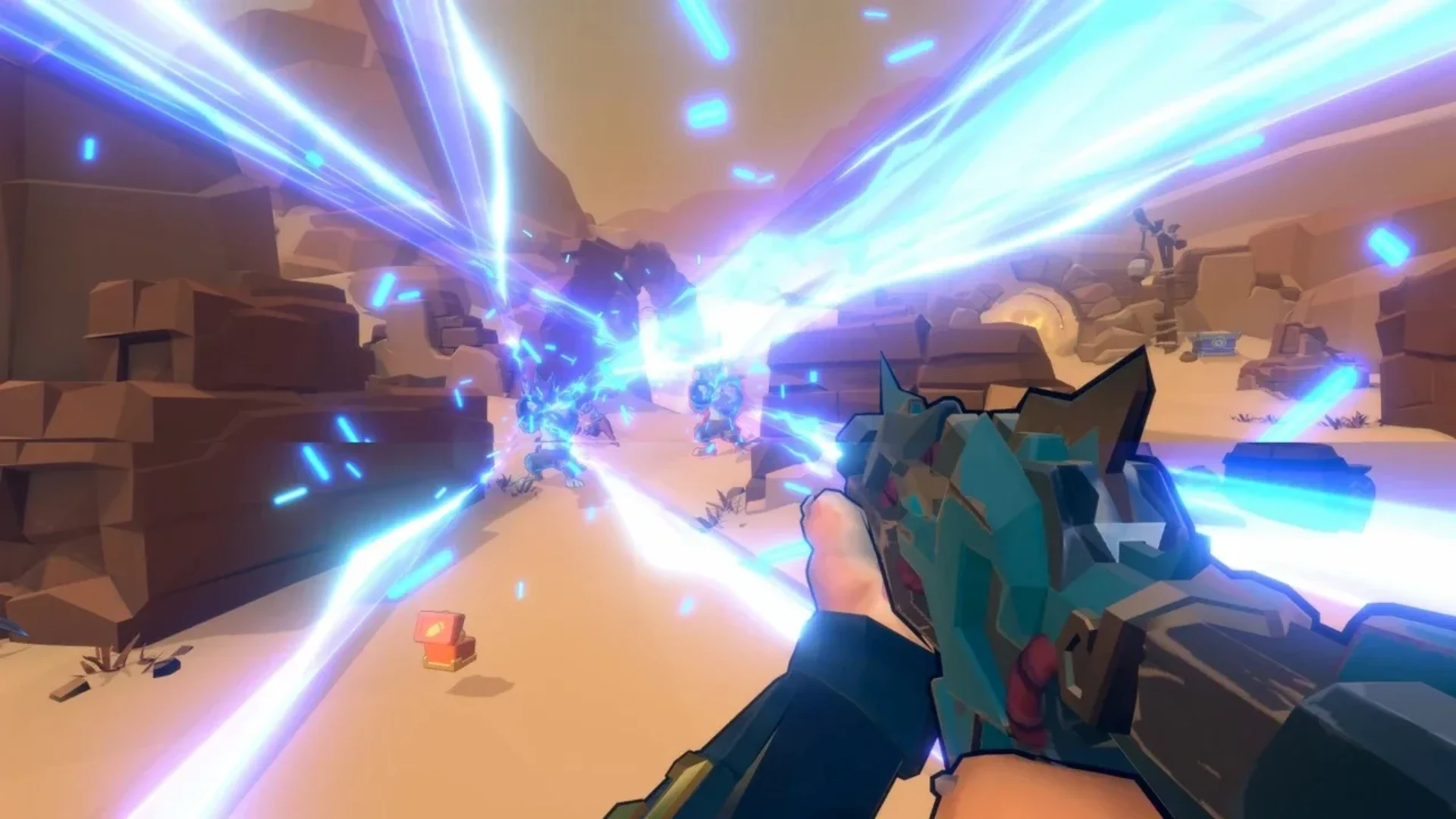 Gunfire Reborn player fires a weapon surrounded by bright blue energy effects.
