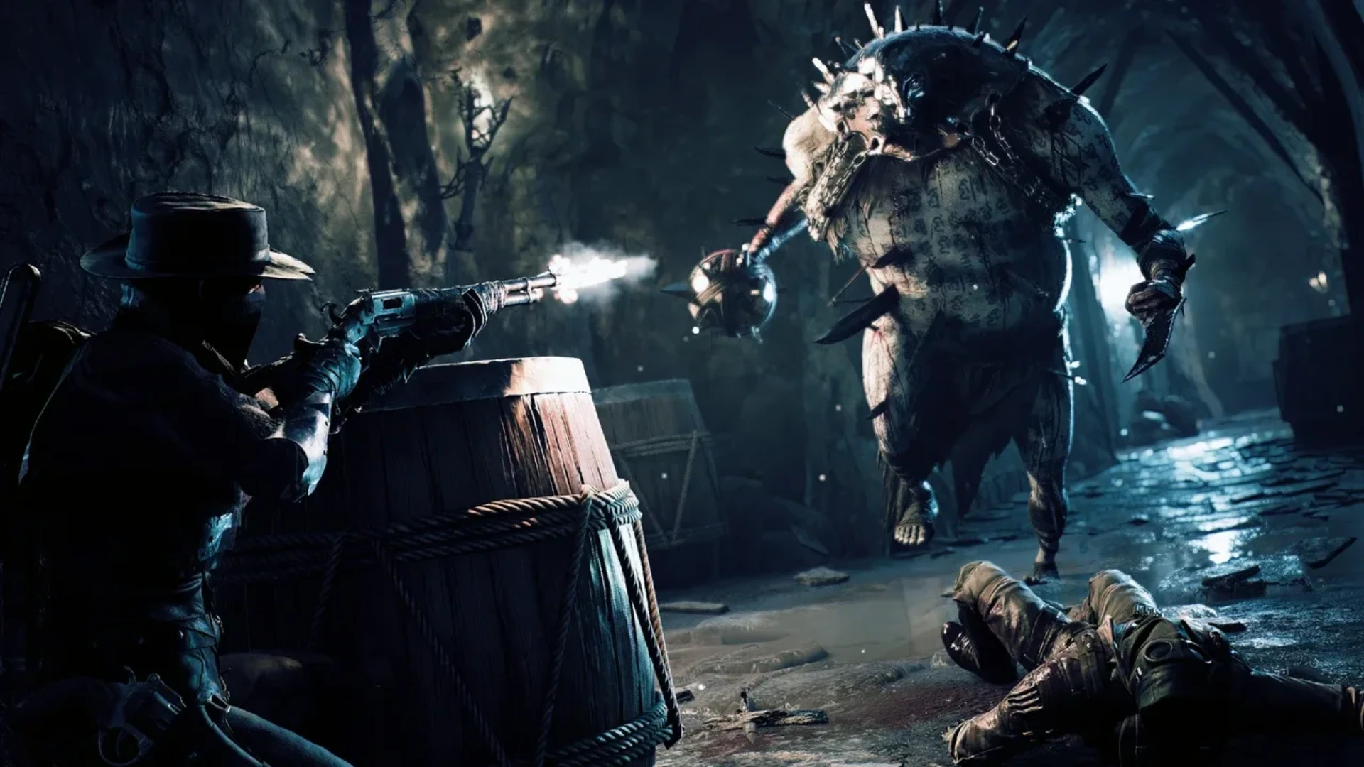 Remnant II player fires a revolver at a large creature in a dark ruined environment.
