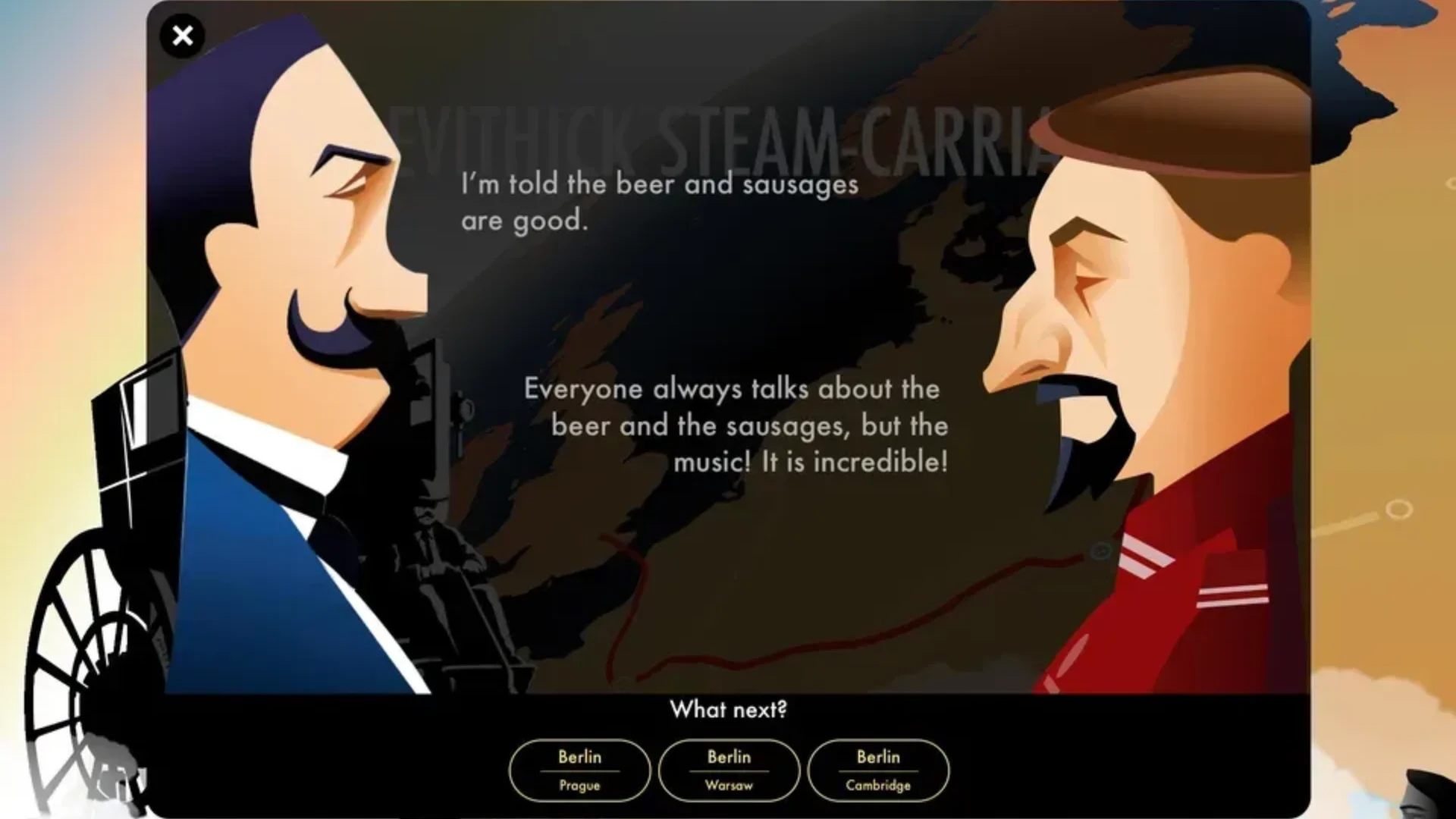Two illustrated men converse in 80 Days as route choices for Berlin, Prague and Warsaw appear below.