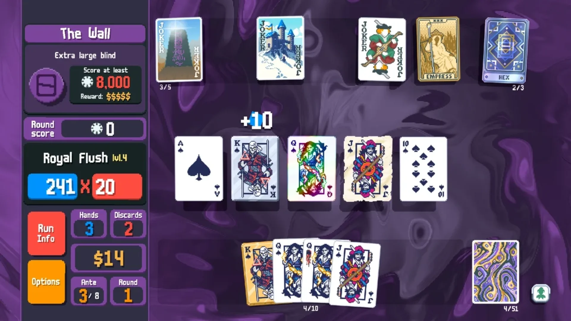 Balatro gameplay showing a Royal Flush with Jokers, tarot cards and The Wall blind requiring 8,000 chips.