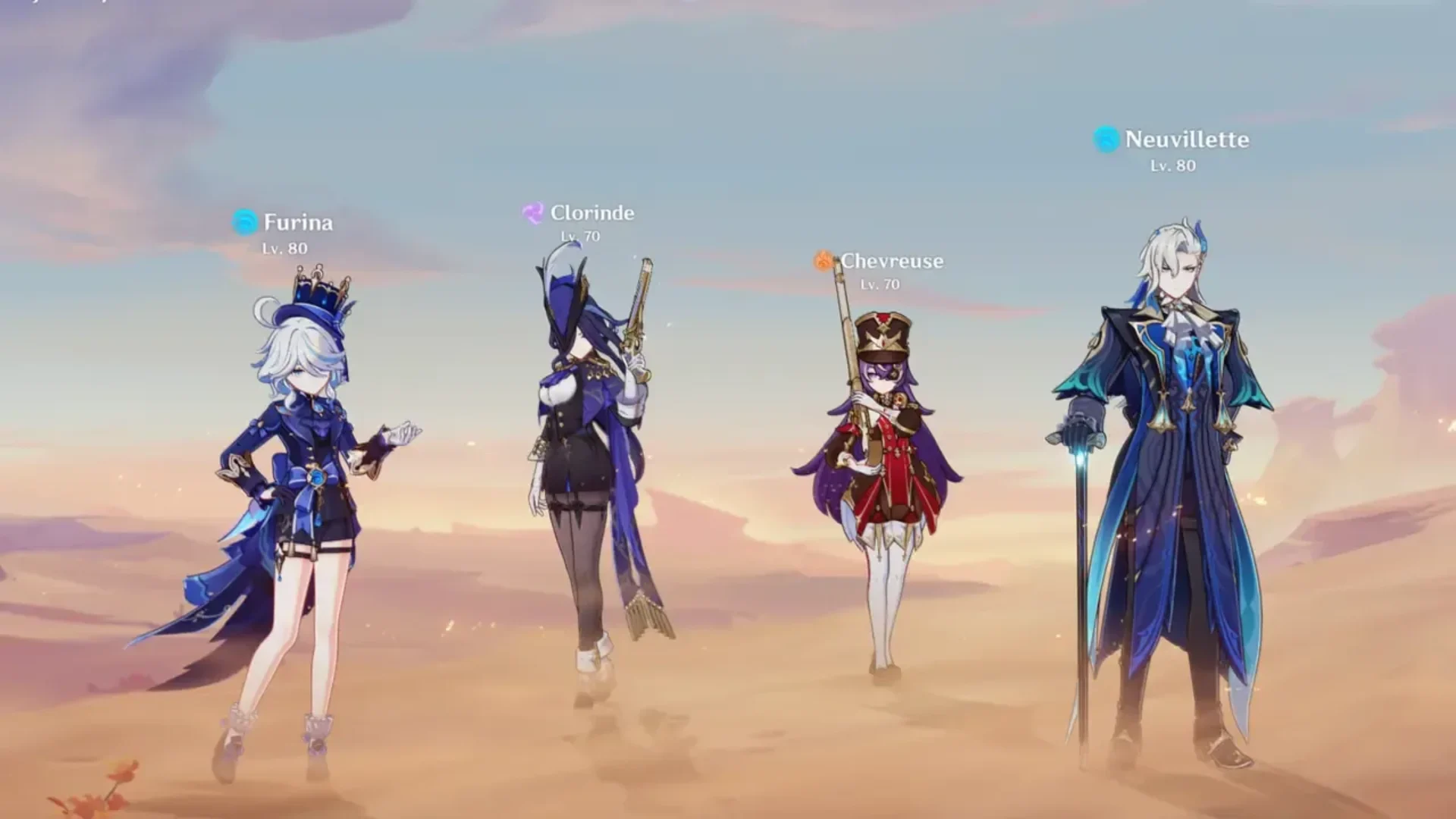 Furina, Clorinde, Chevreuse and Neuvillette stand together in a Genshin Impact party lineup.