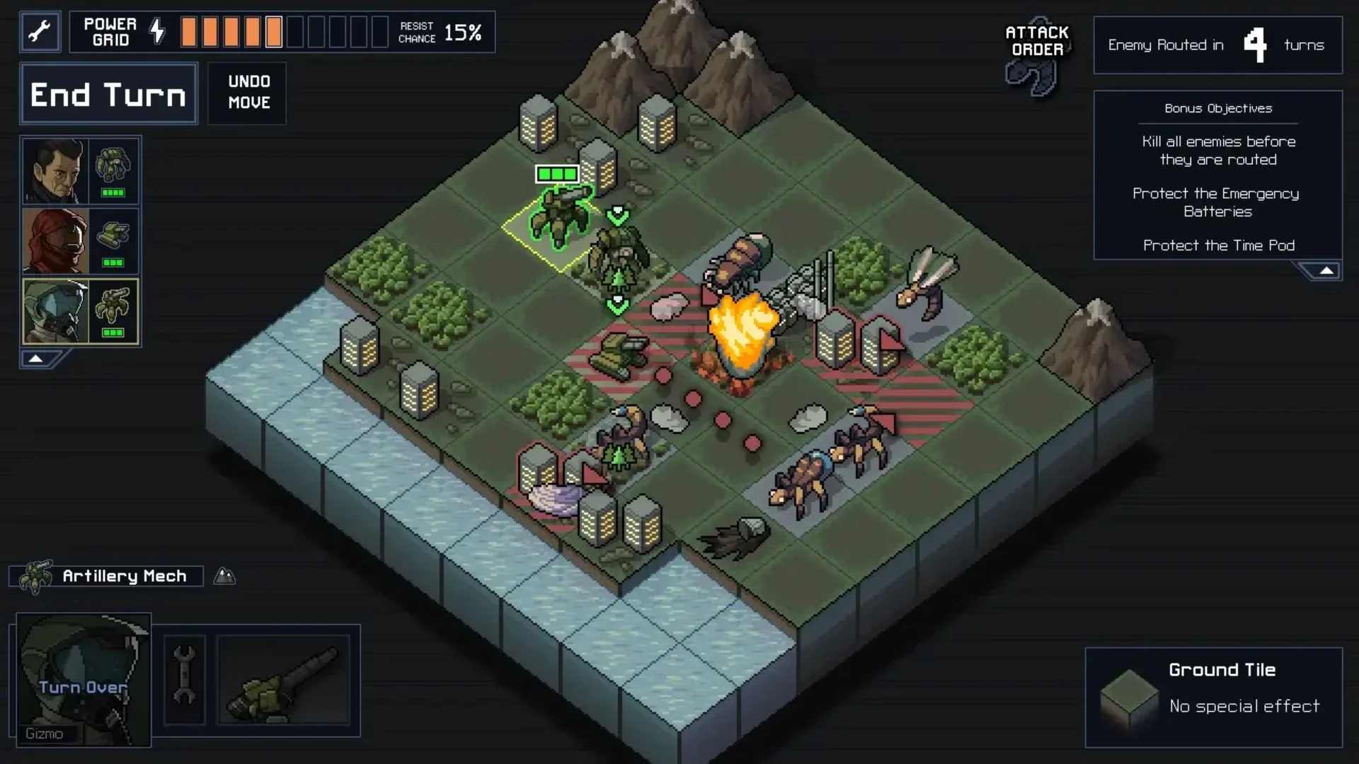 Into the Breach tactical battle with three mechs facing Vek enemies across a city grid.