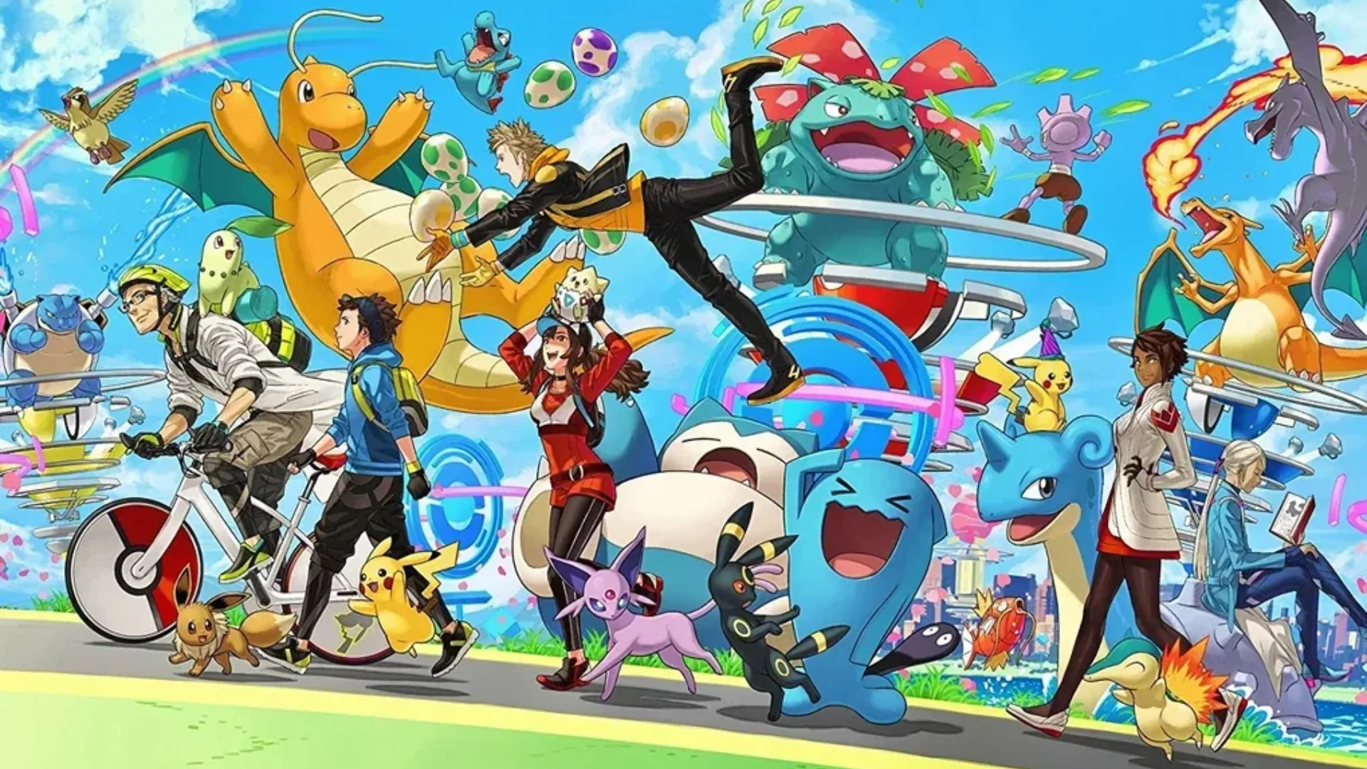 Pokémon GO artwork with Trainers surrounded by Pikachu, Dragonite, Venusaur, Charizard and other Pokémon.