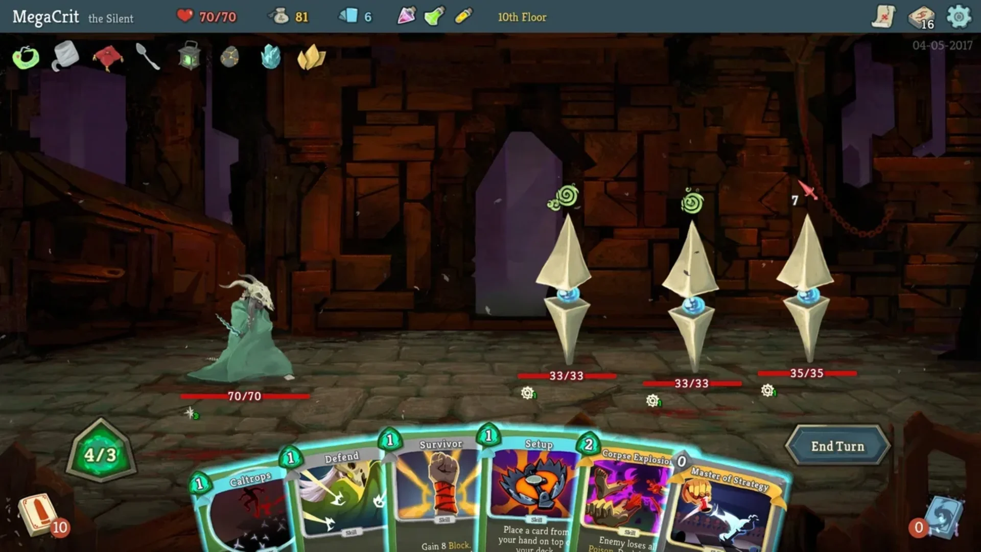 The Silent prepares cards against three Sentries during a Slay the Spire combat encounter.