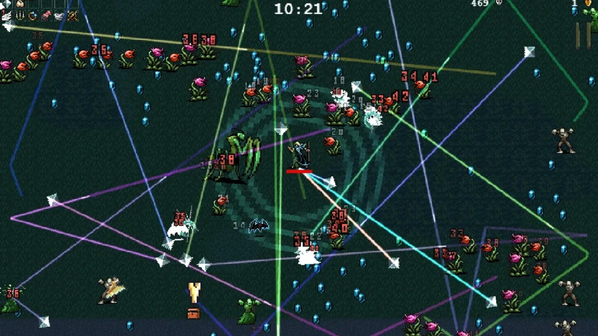 Vampire Survivors gameplay with enemies, projectiles, damage numbers and blue experience gems filling the screen.