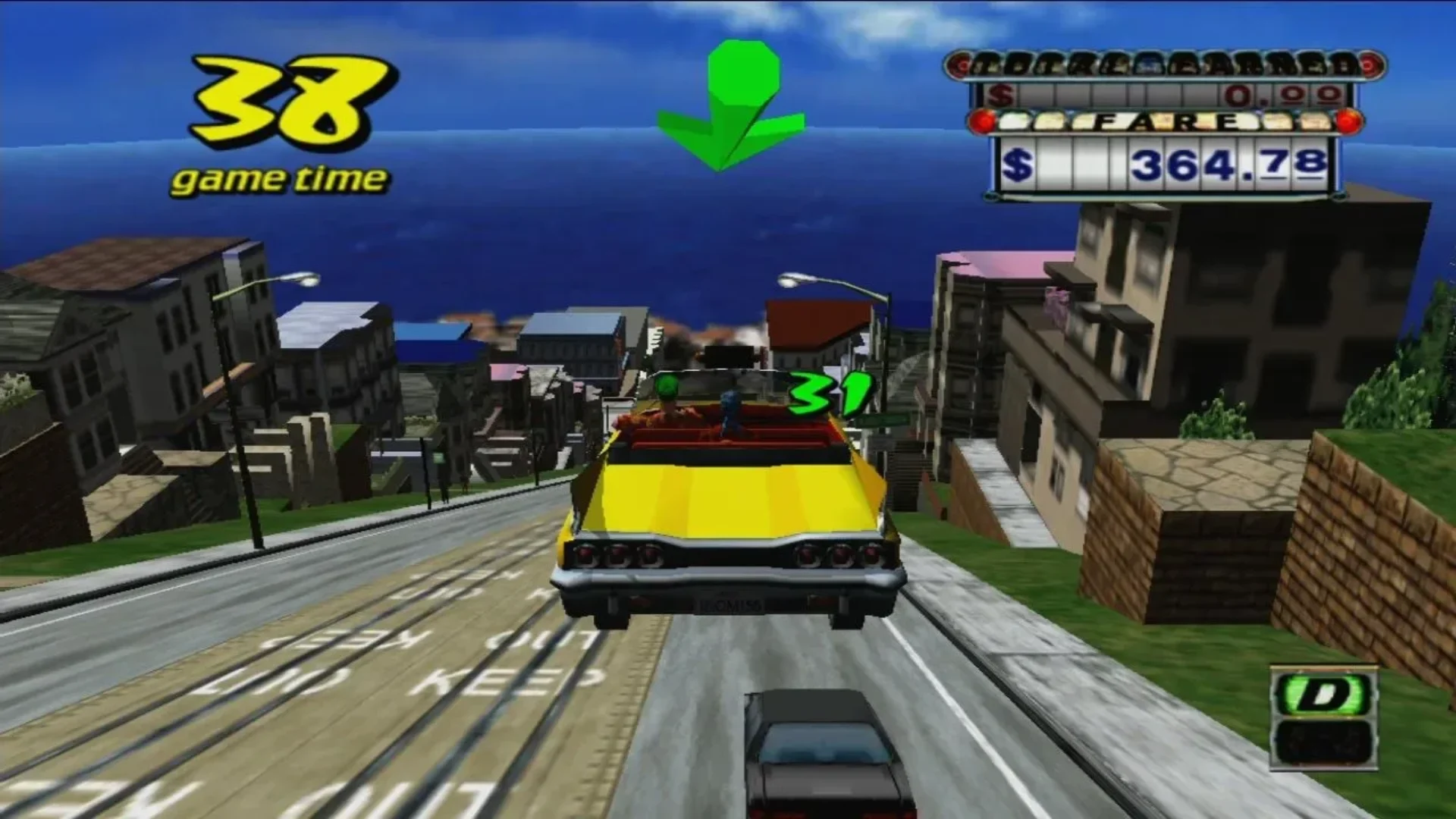 A yellow taxi jumps down a steep city street while carrying a passenger in Crazy Taxi.