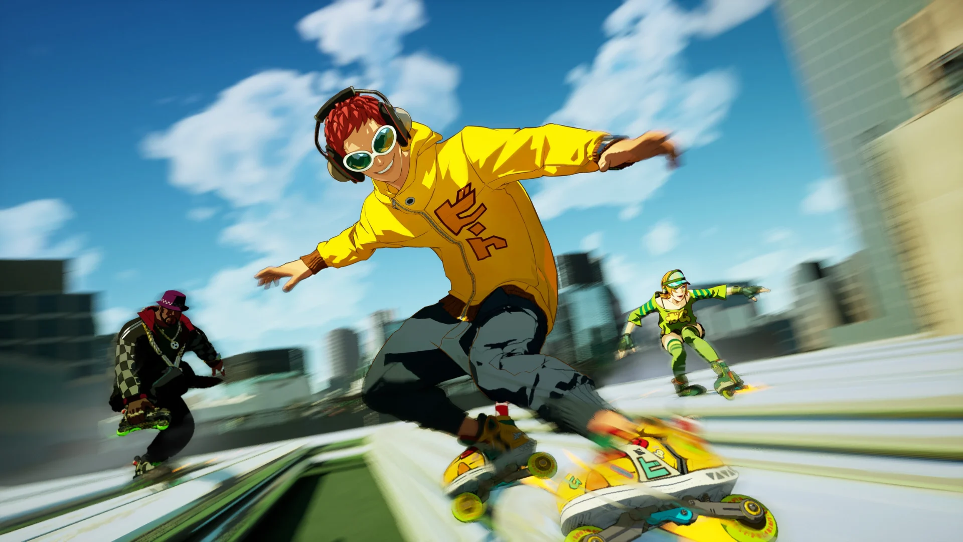 Members of the GGs skate at high speed through a city environment in Jet Set Radio Future.