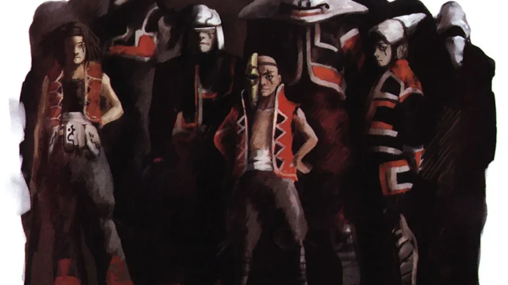 Panzer Dragoon Saga characters stand together against a dark illustrated background.