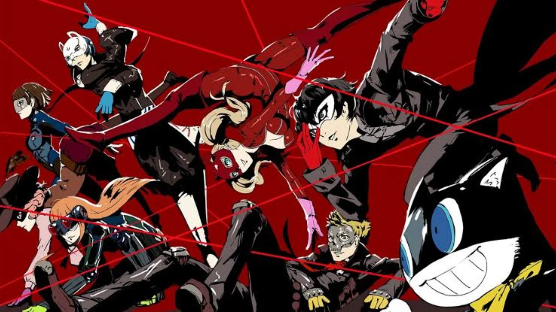 Joker and the Phantom Thieves pose against a red background in Persona 5 Royal artwork.