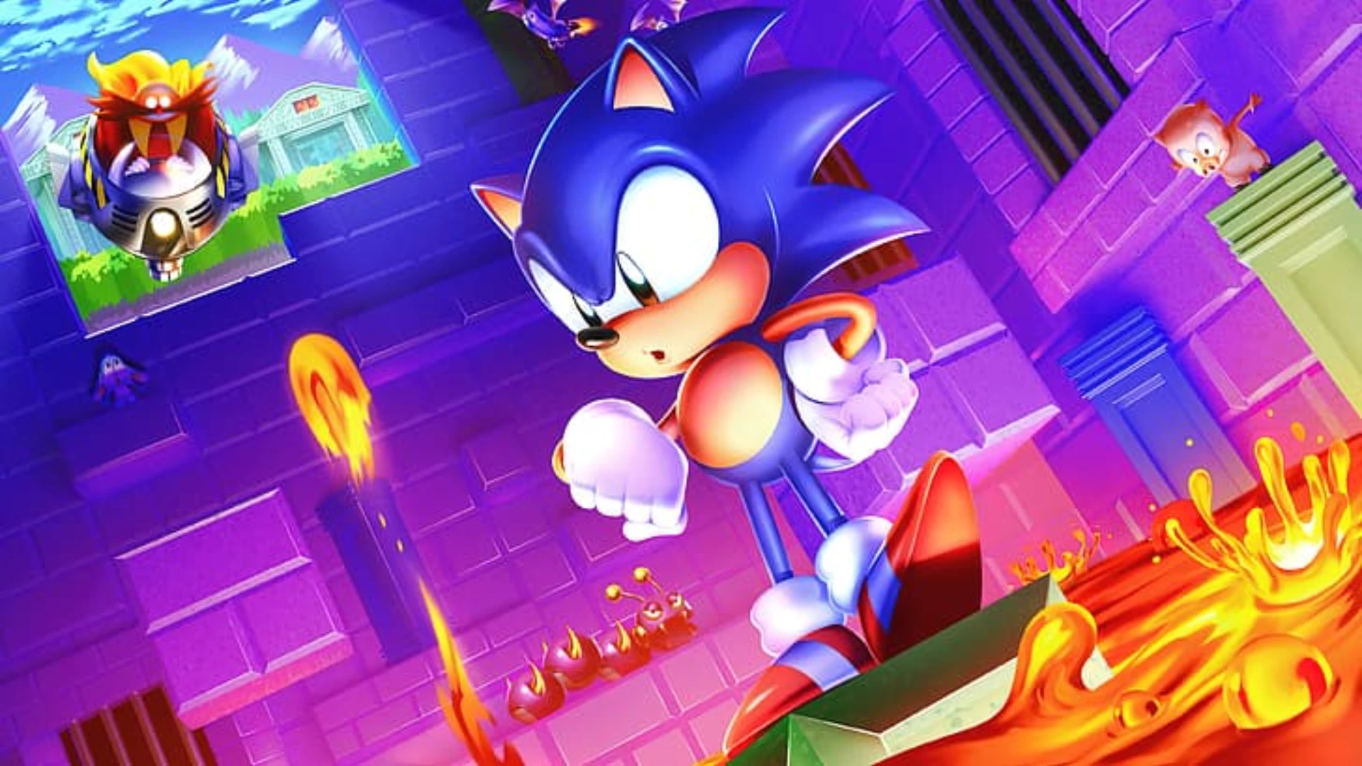 Sonic runs above a fiery stage while Dr. Eggman appears in the background of Sonic 3 & Knuckles artwork.